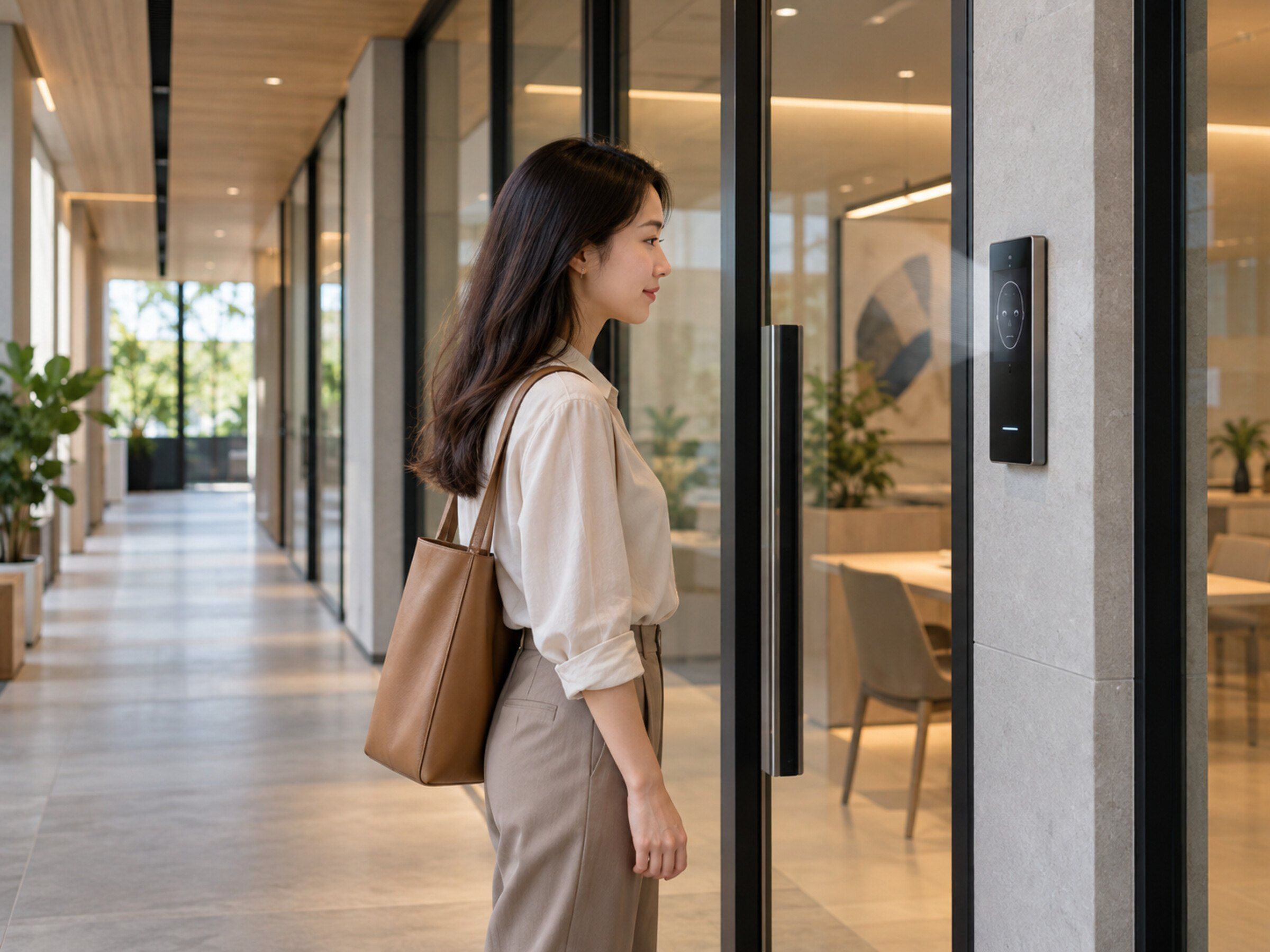 Building corridor: a person unlocks a glass door with face recognition at a slim wall reader