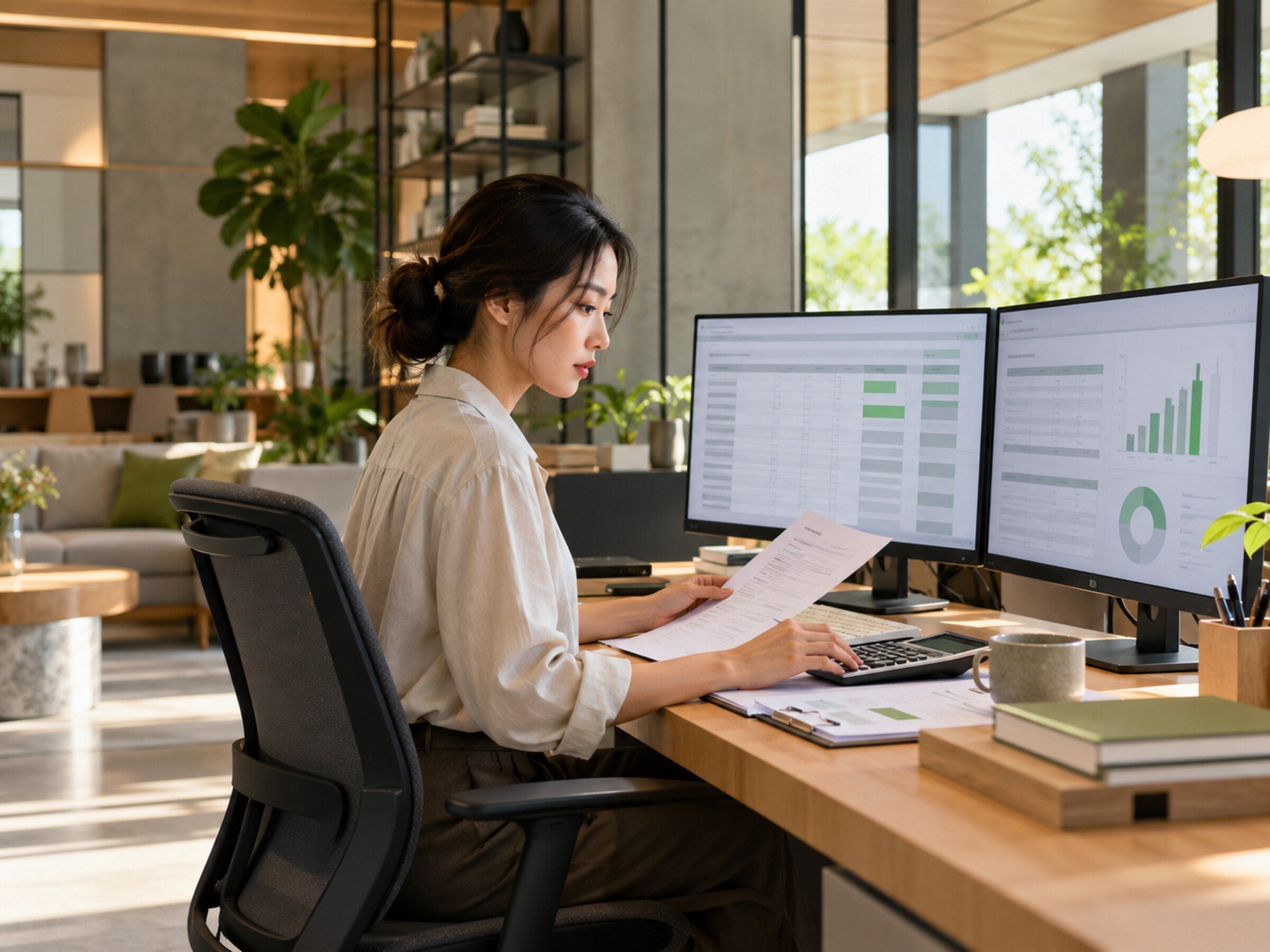 Finance officer at a desk reconciling payments on two monitors