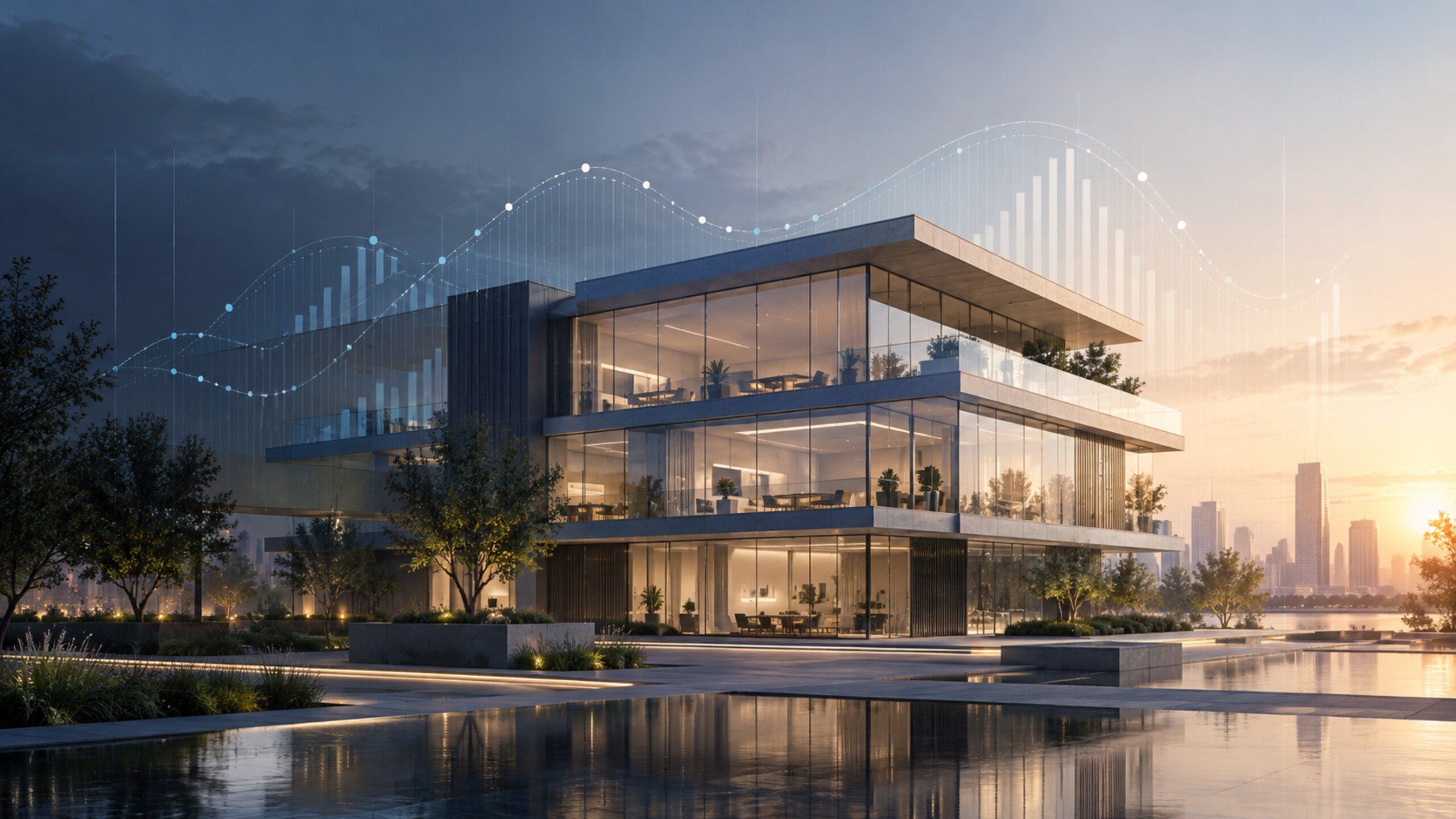 Abstract data visualisation over a building silhouette