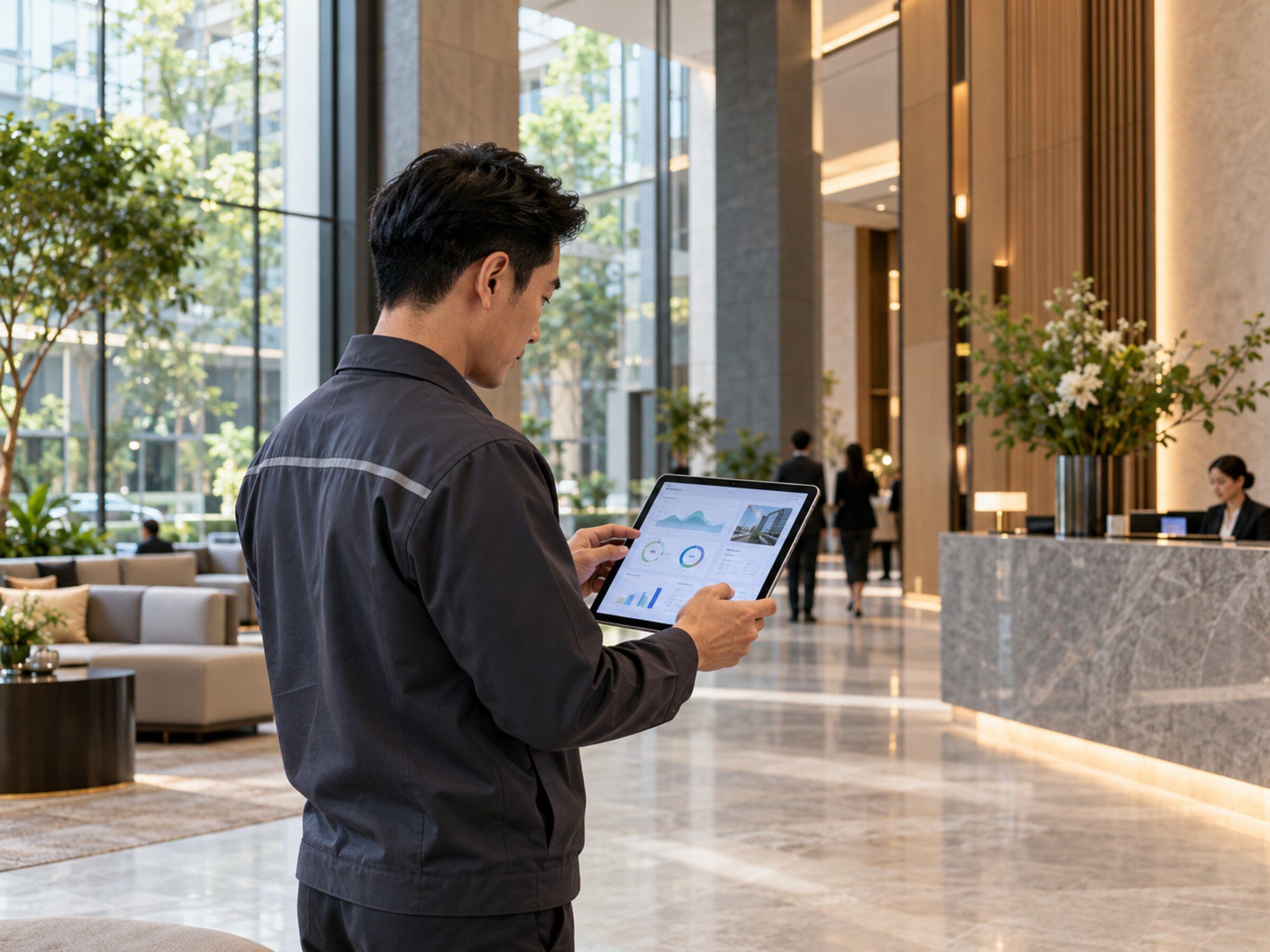 Facility manager reviewing AI insights on a tablet in a building lobby