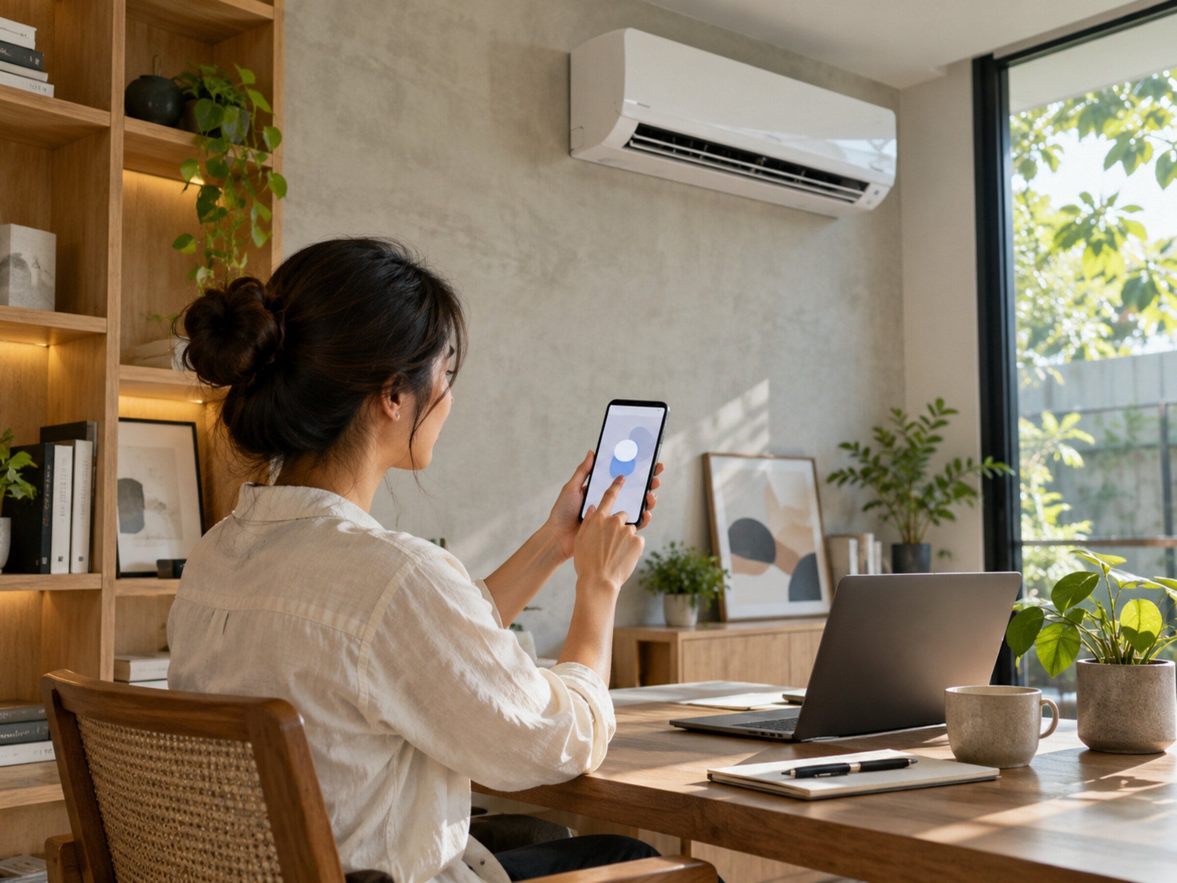 Office desk: a hand turns the AC on from a phone