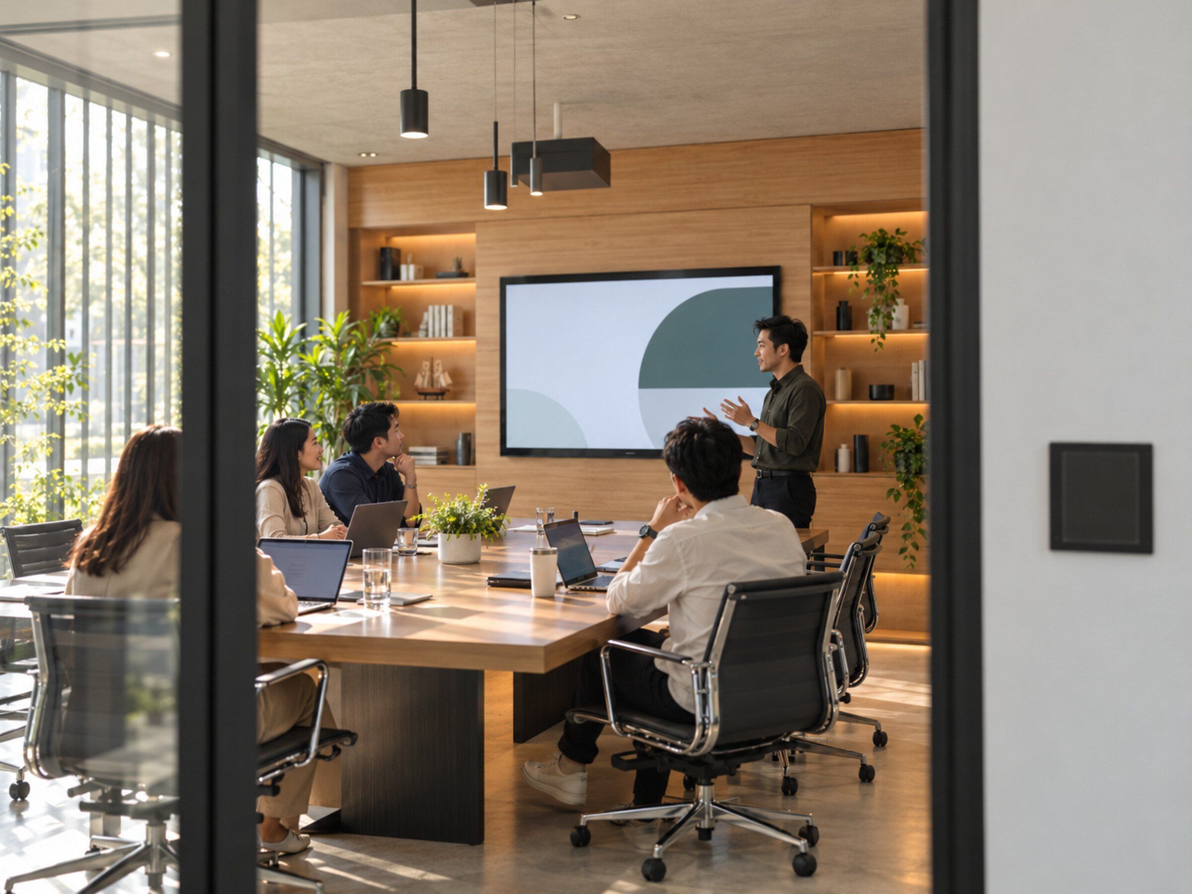 Modern meeting room with a small white wall-mounted room controller and air-quality sensing