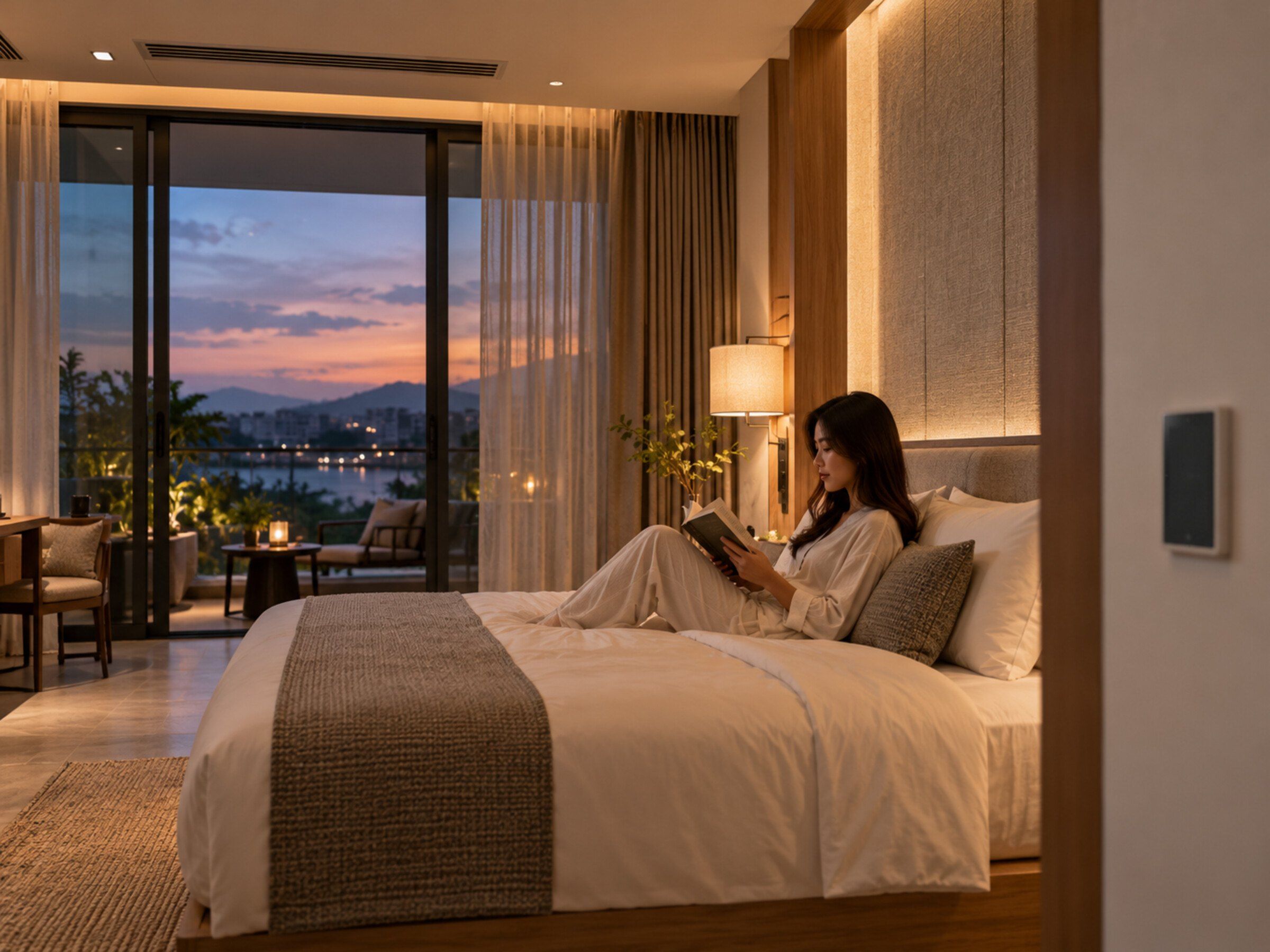 Hotel guest room at dusk, warm lighting, a slim white wall-mounted room controller beside the bed