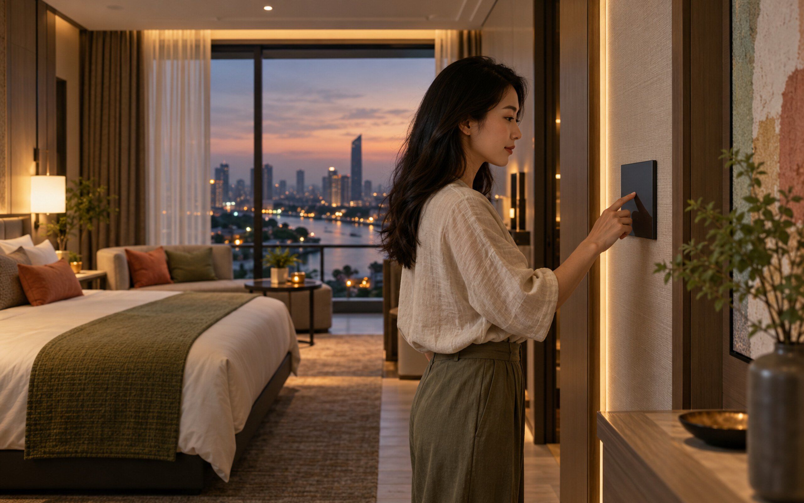 Calm hotel room or apartment where a small wall controller manages lights, air conditioning and curtains