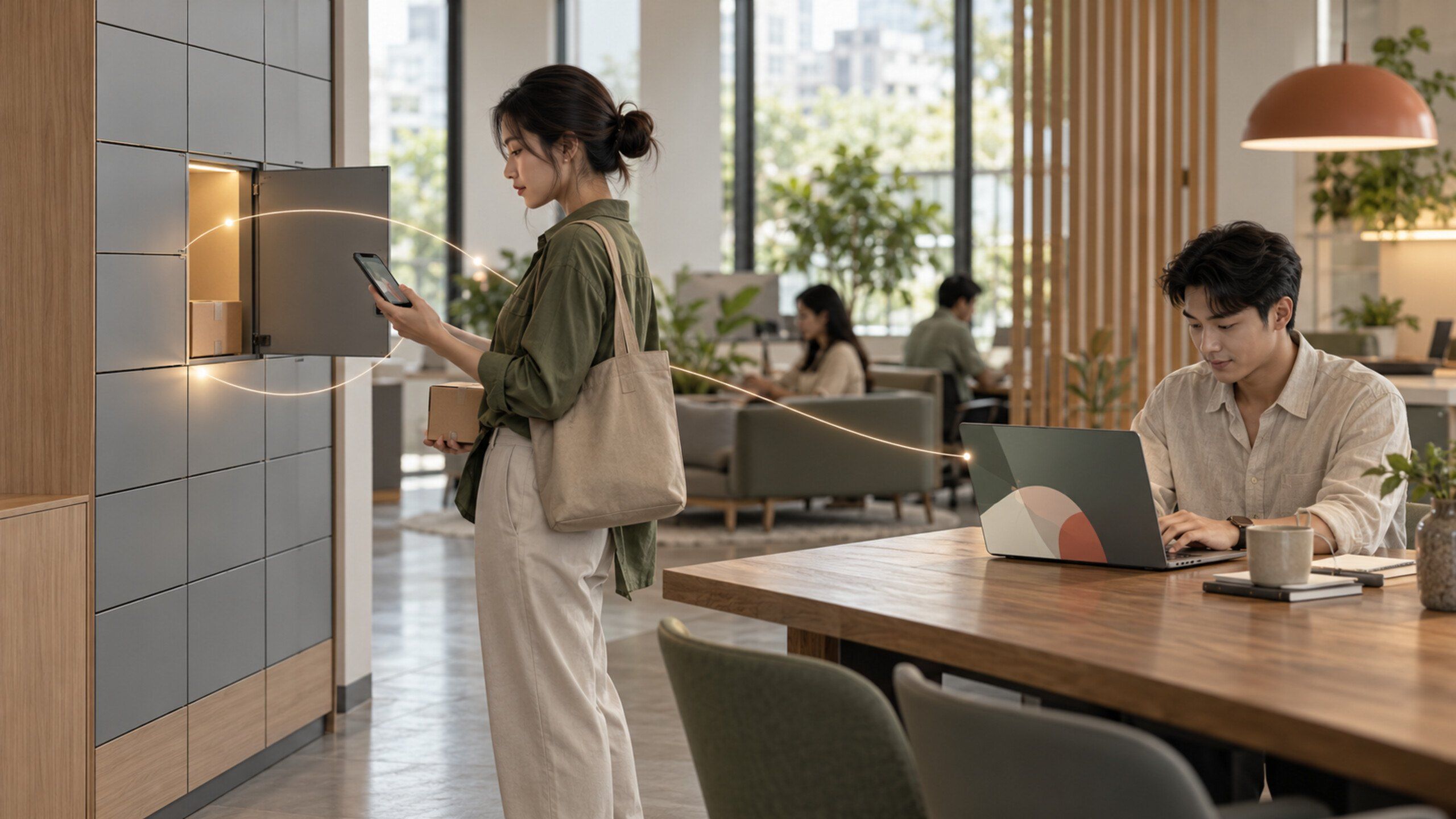 Abstract visual of systems connecting: a smart locker, a phone and a laptop linked by soft light lines over a calm office background