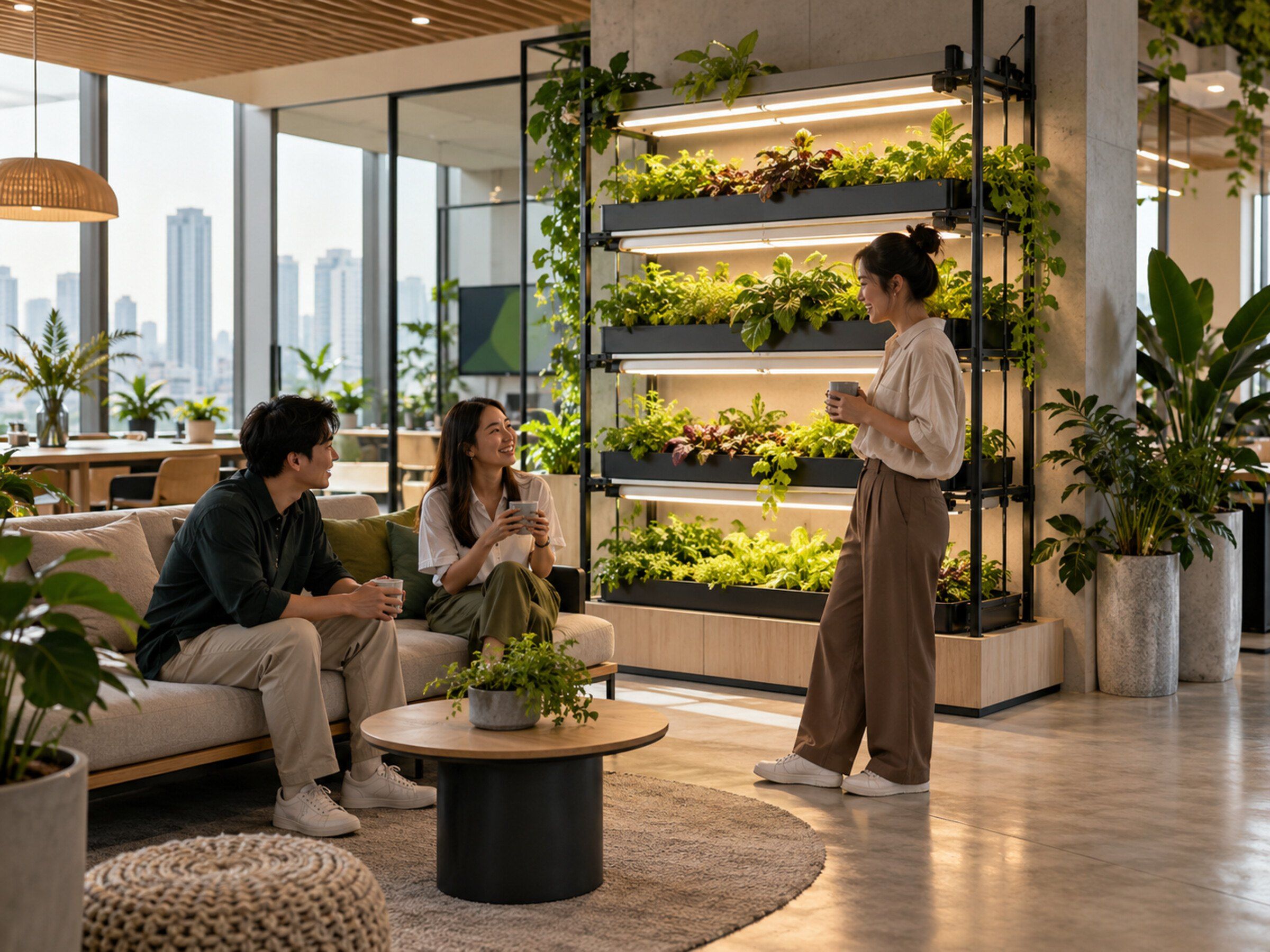 Office wellness corner with automated plant shelves and grow lights