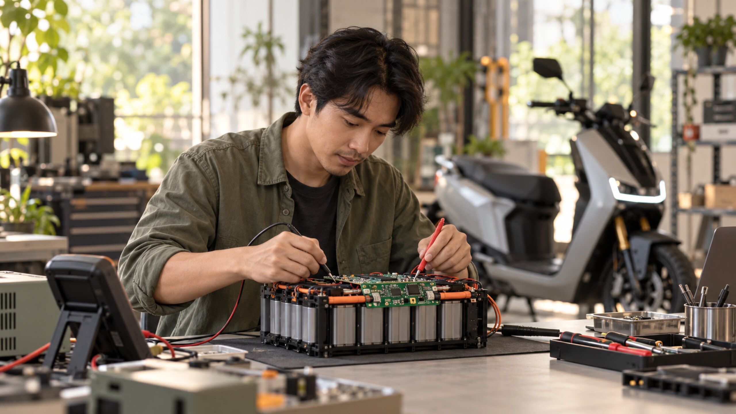 Engineer testing a battery pack with a BMS circuit board on a lab bench