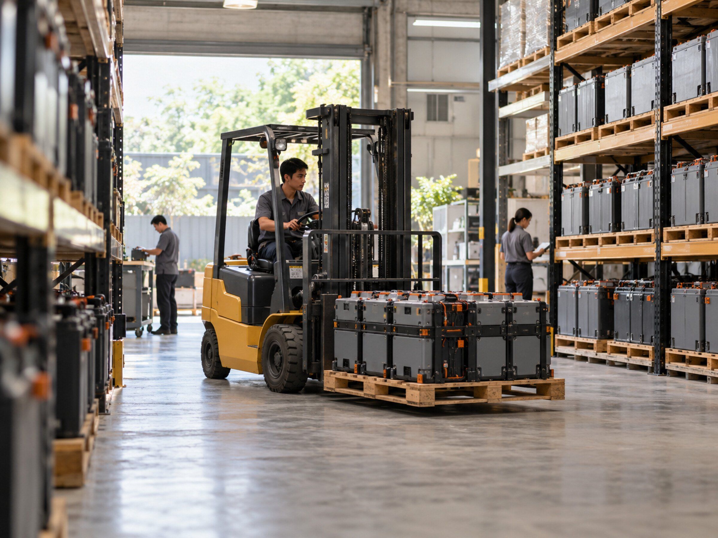 Organised warehouse with shelves of battery packs and a forklift