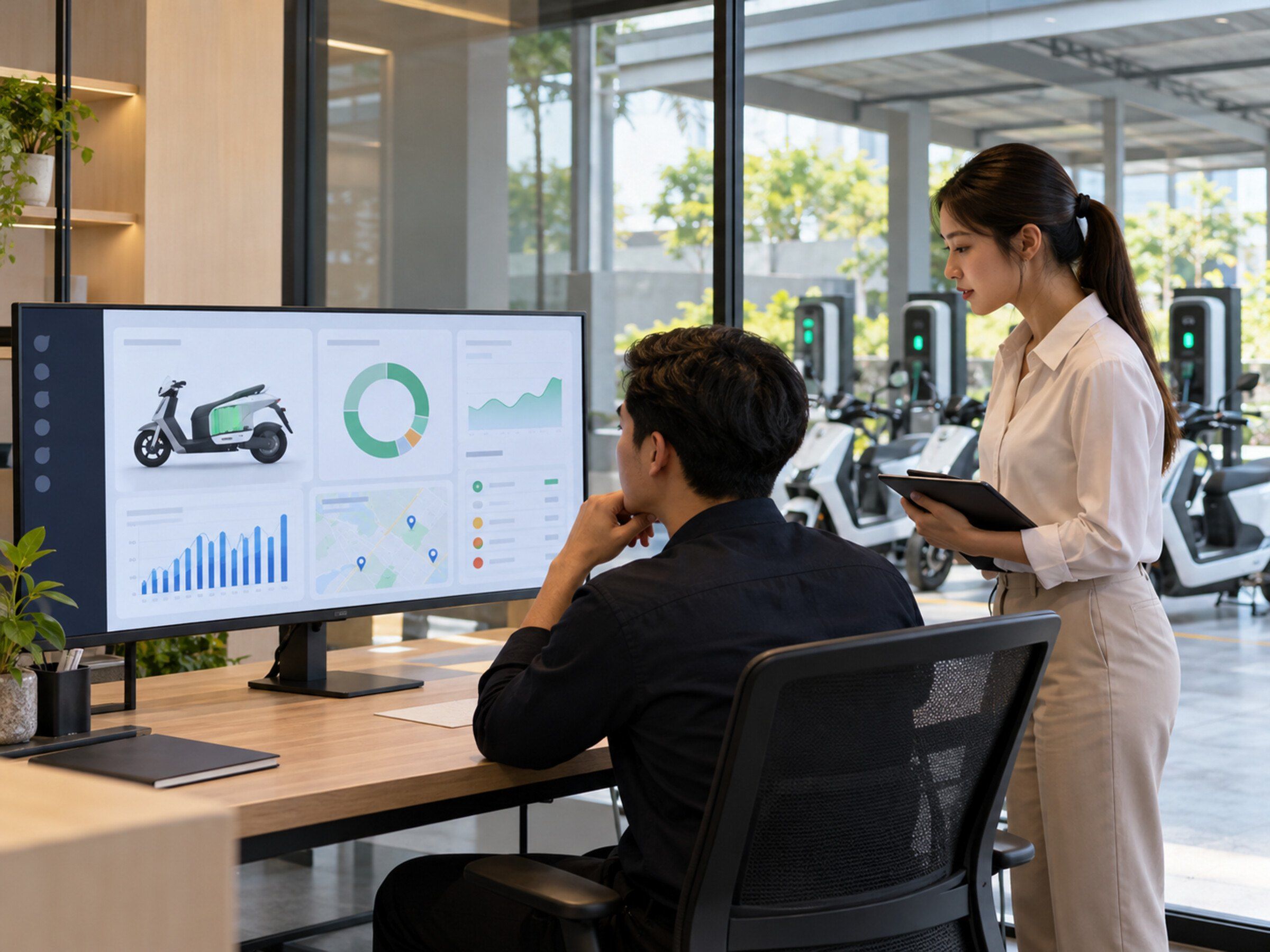 Fleet operations room: a manager reviews battery health on a large monitor