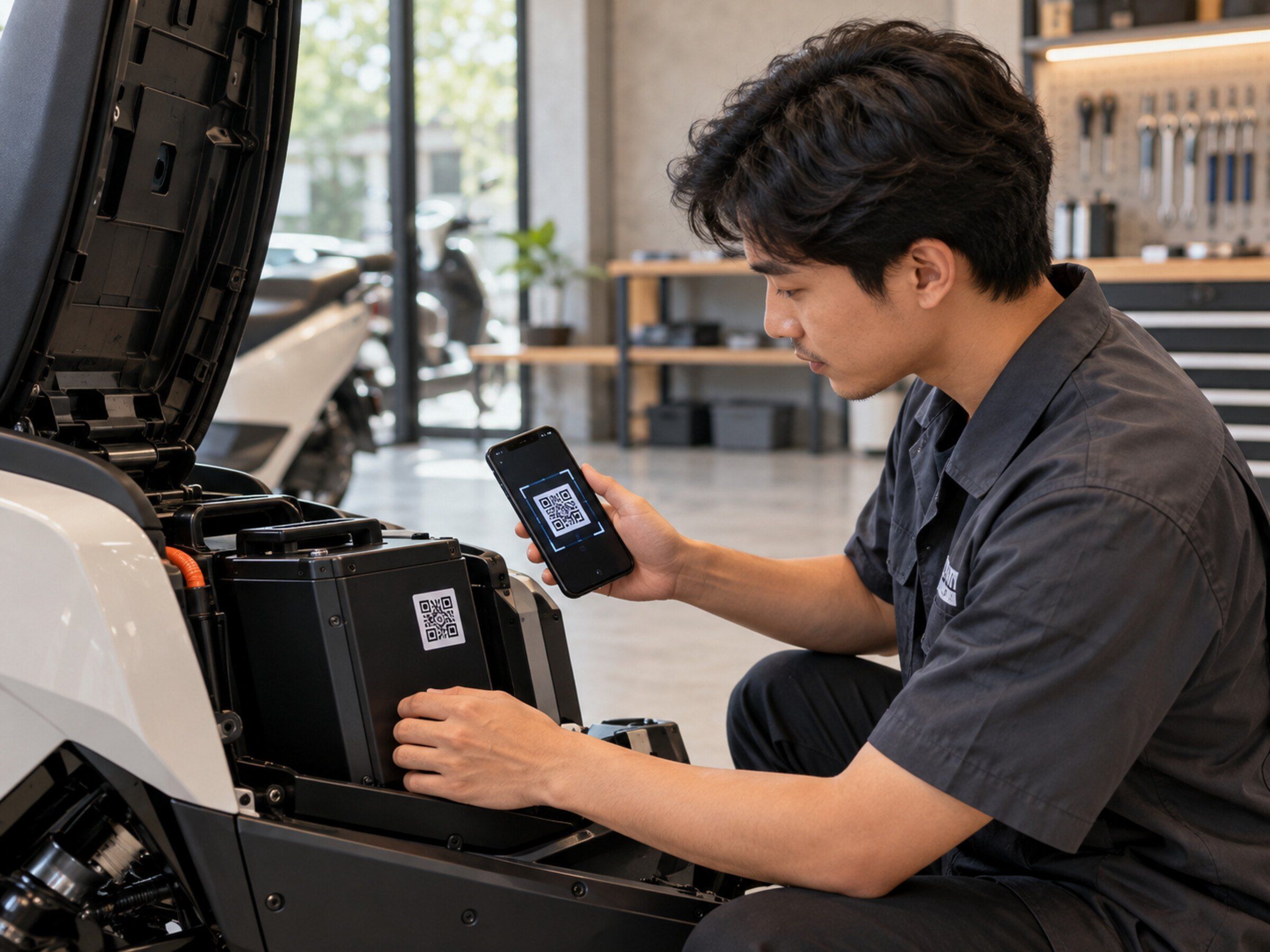 Technician scans a QR label on an electric-motorcycle battery pack with a phone