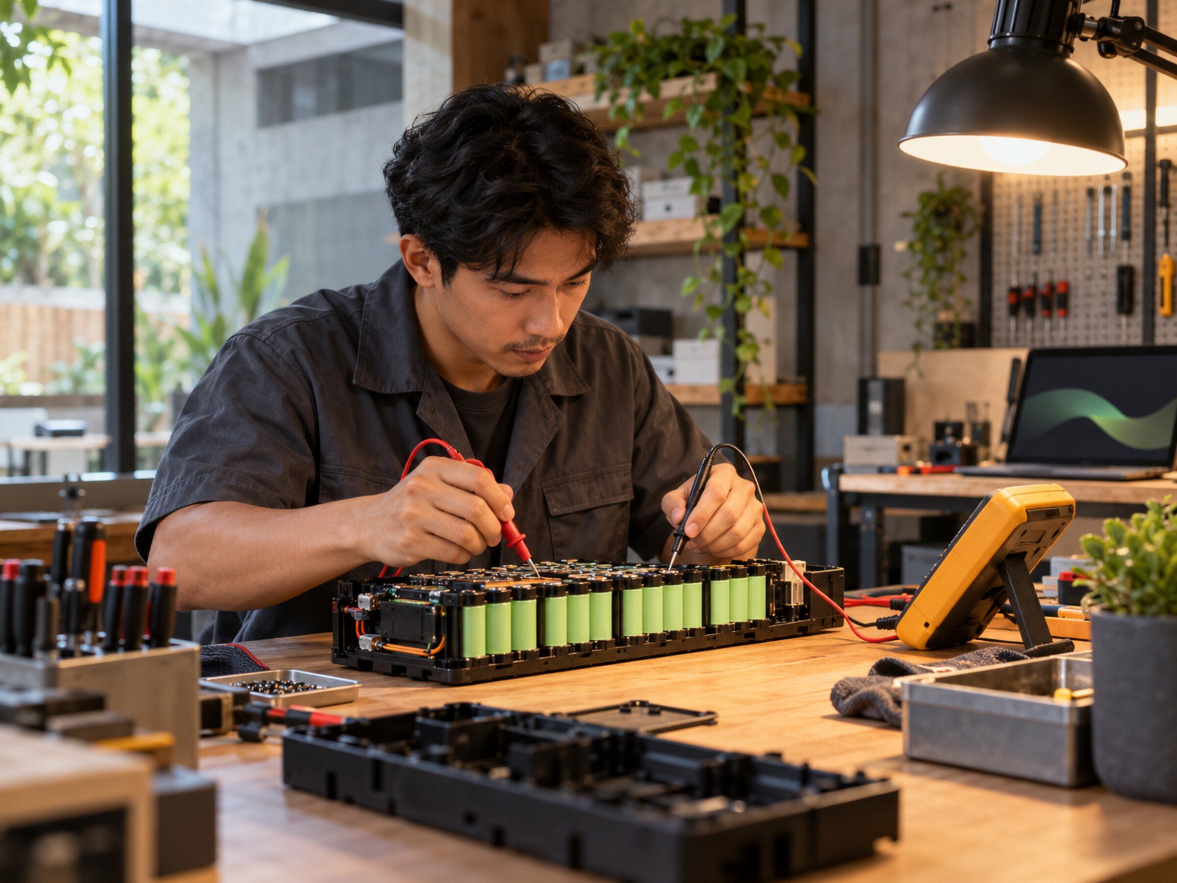 Technician repairing a battery pack at a workbench, testing cells with a multimeter