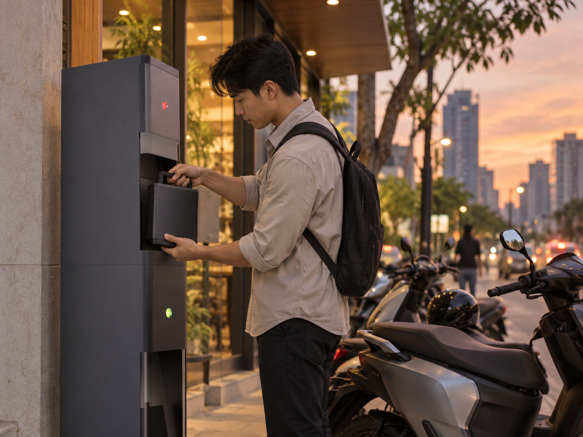 Rider swaps a battery at a slim battery-swap station beside a city street at dusk
