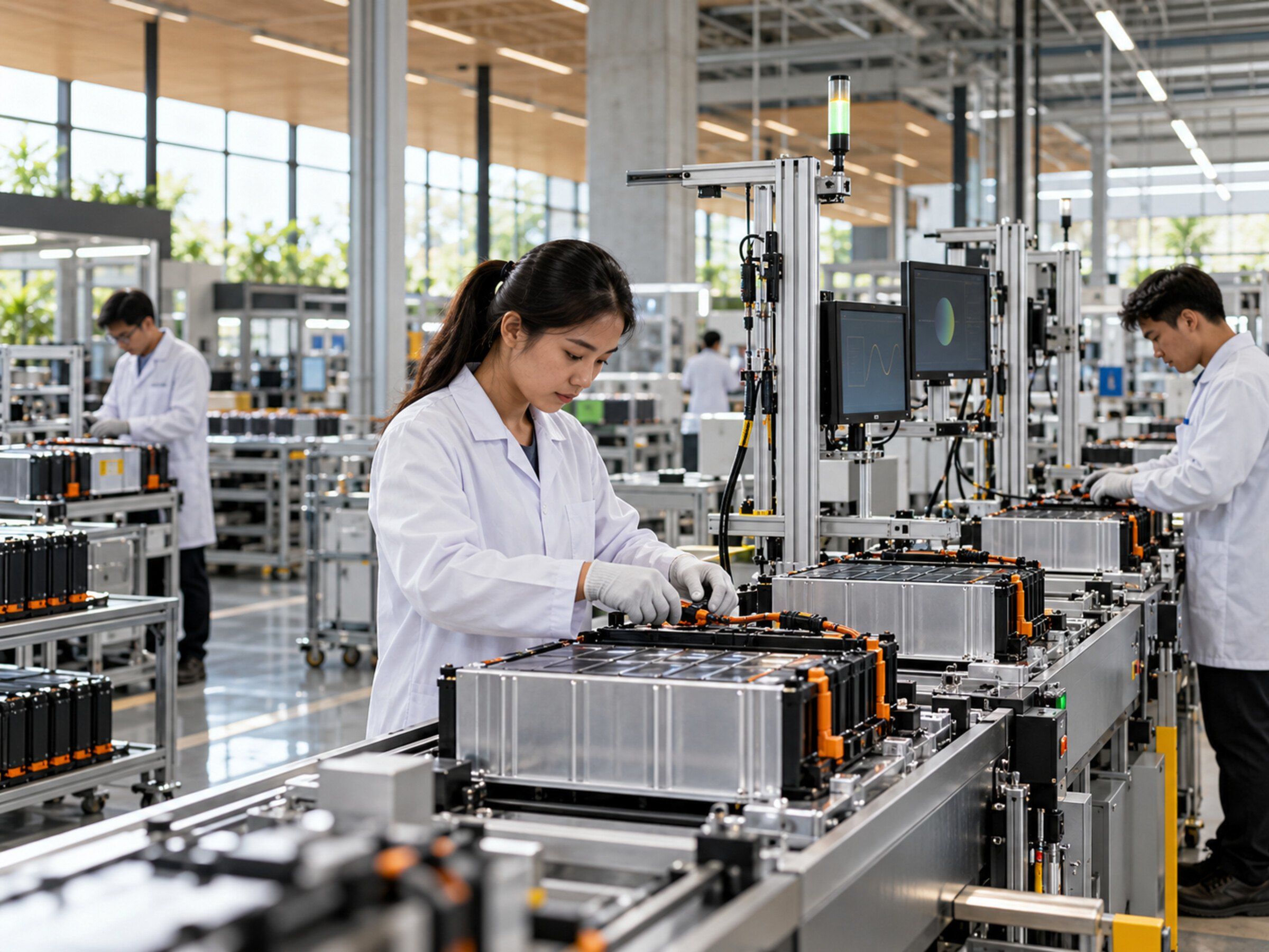 Battery production line with testing stations and engineers in lab coats