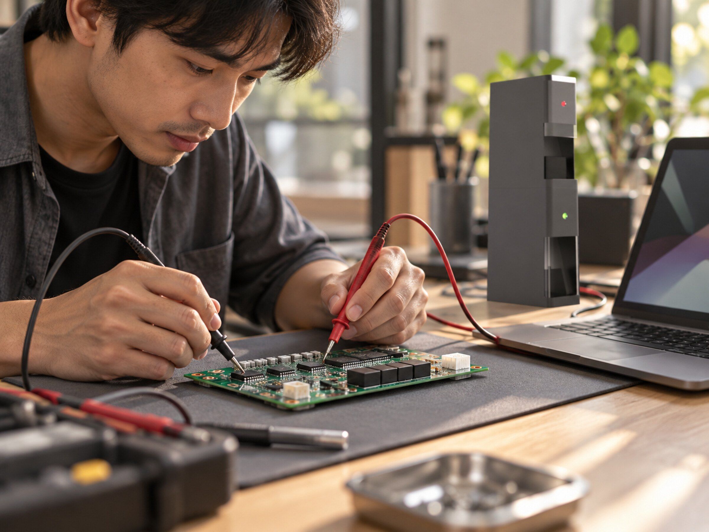 Engineering bench close-up: a battery management PCB on an anti-static mat with probes and a laptop