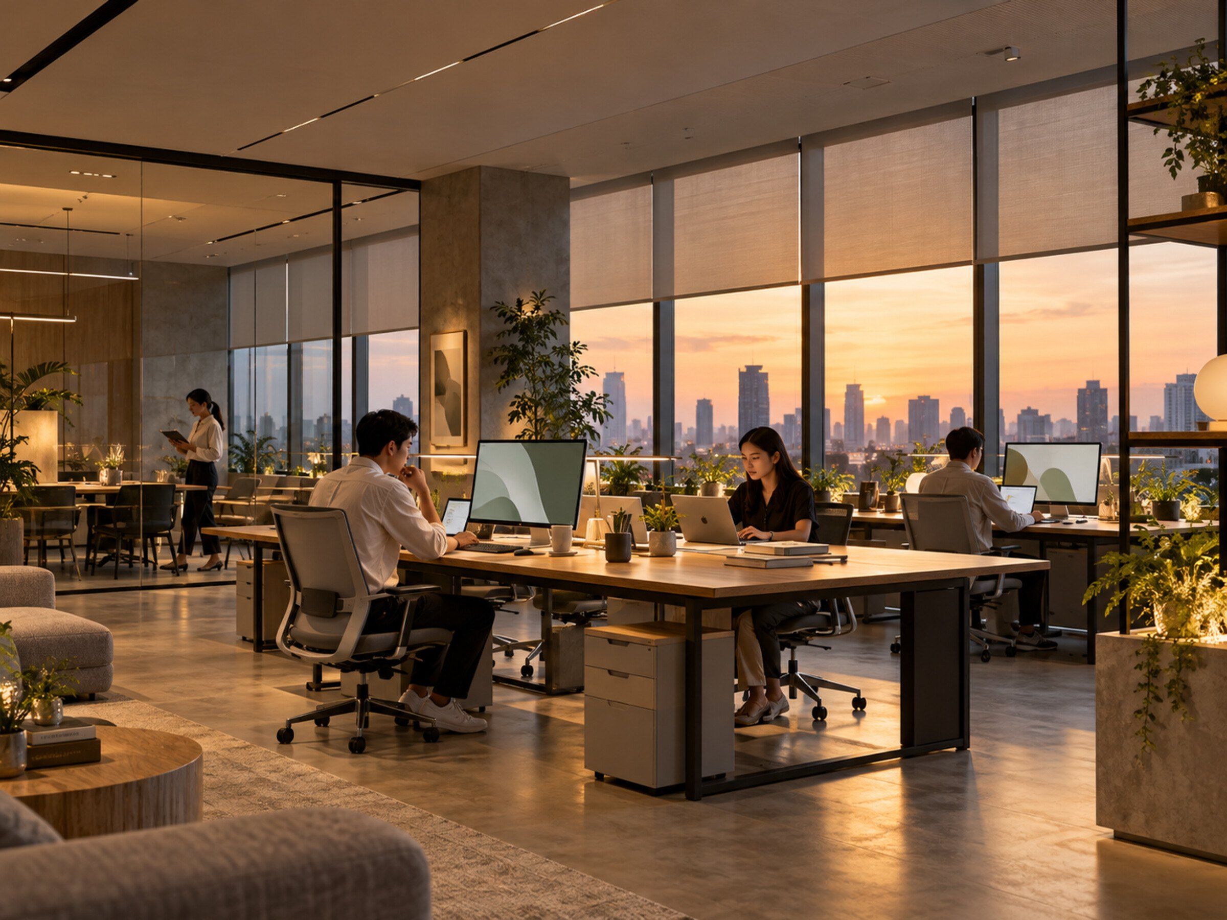 Office floor at evening where lights and blinds adjust automatically