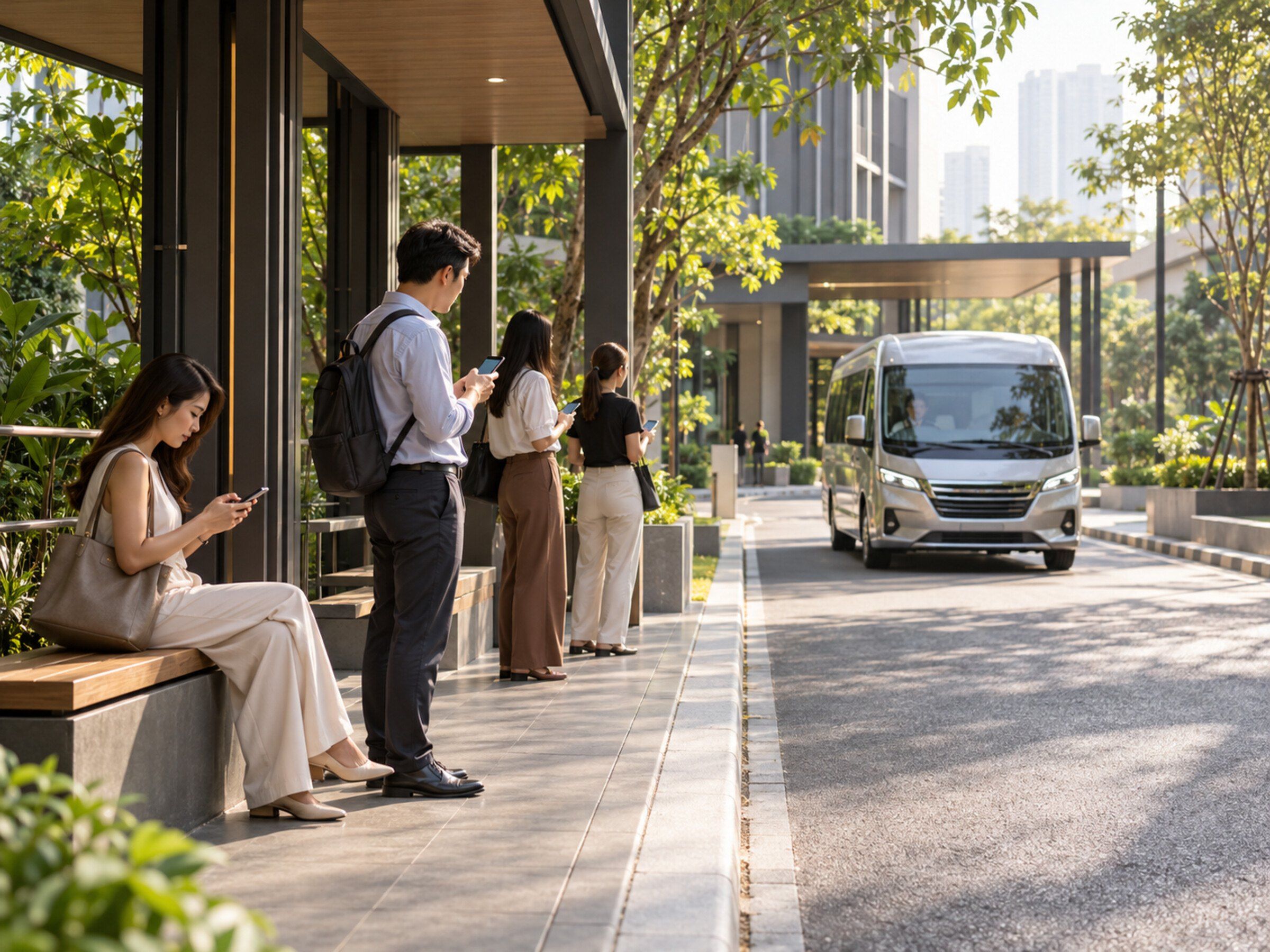 Residents waiting at a condo shuttle stop checking arrival time on phones