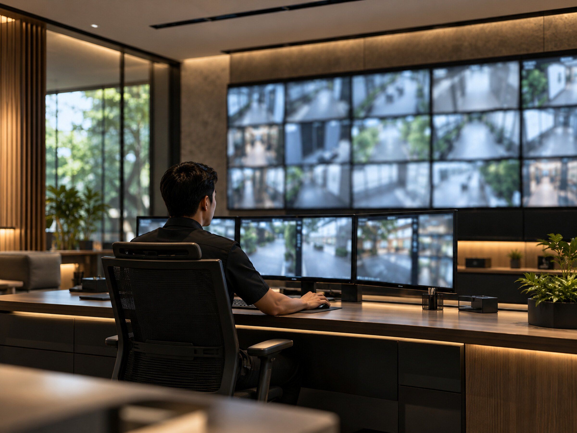 Security control room with a wall of camera feeds and one operator