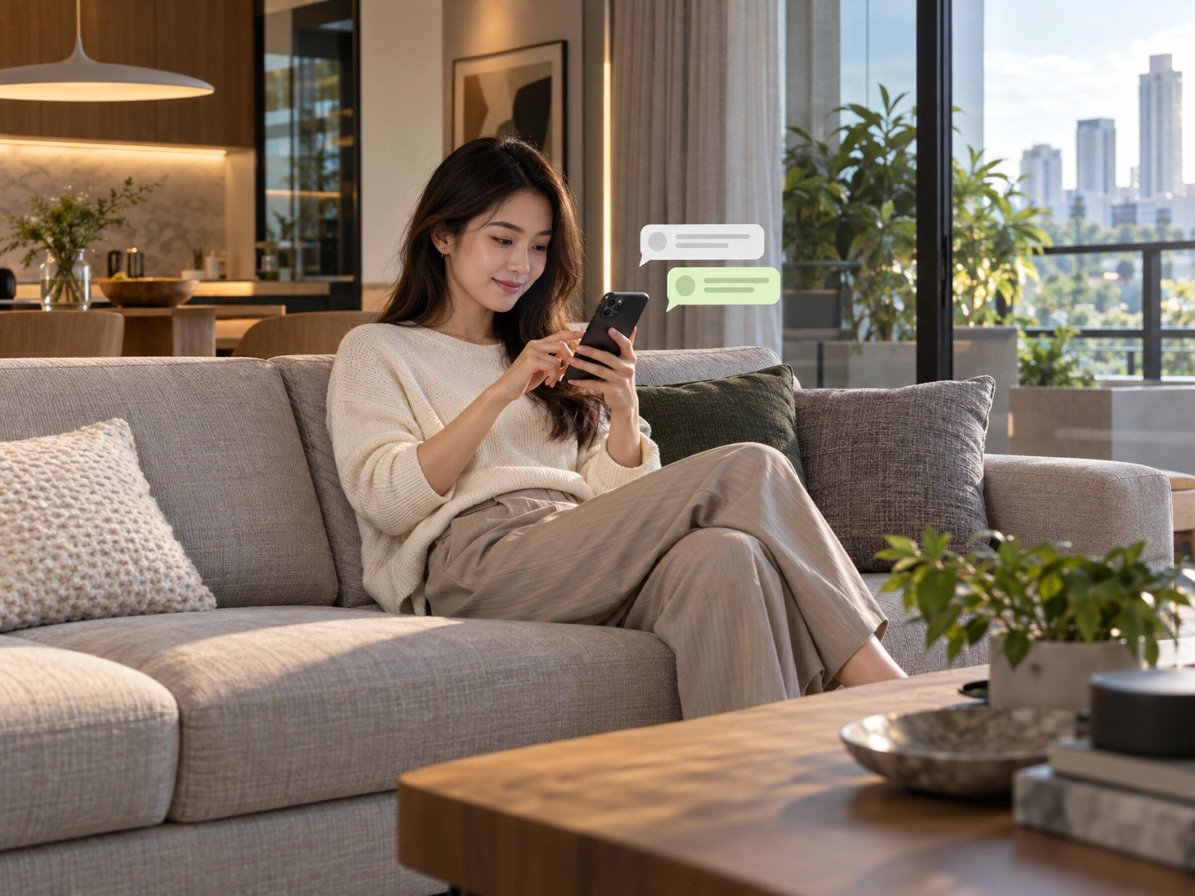 Condo resident on a sofa chatting with building management on a phone