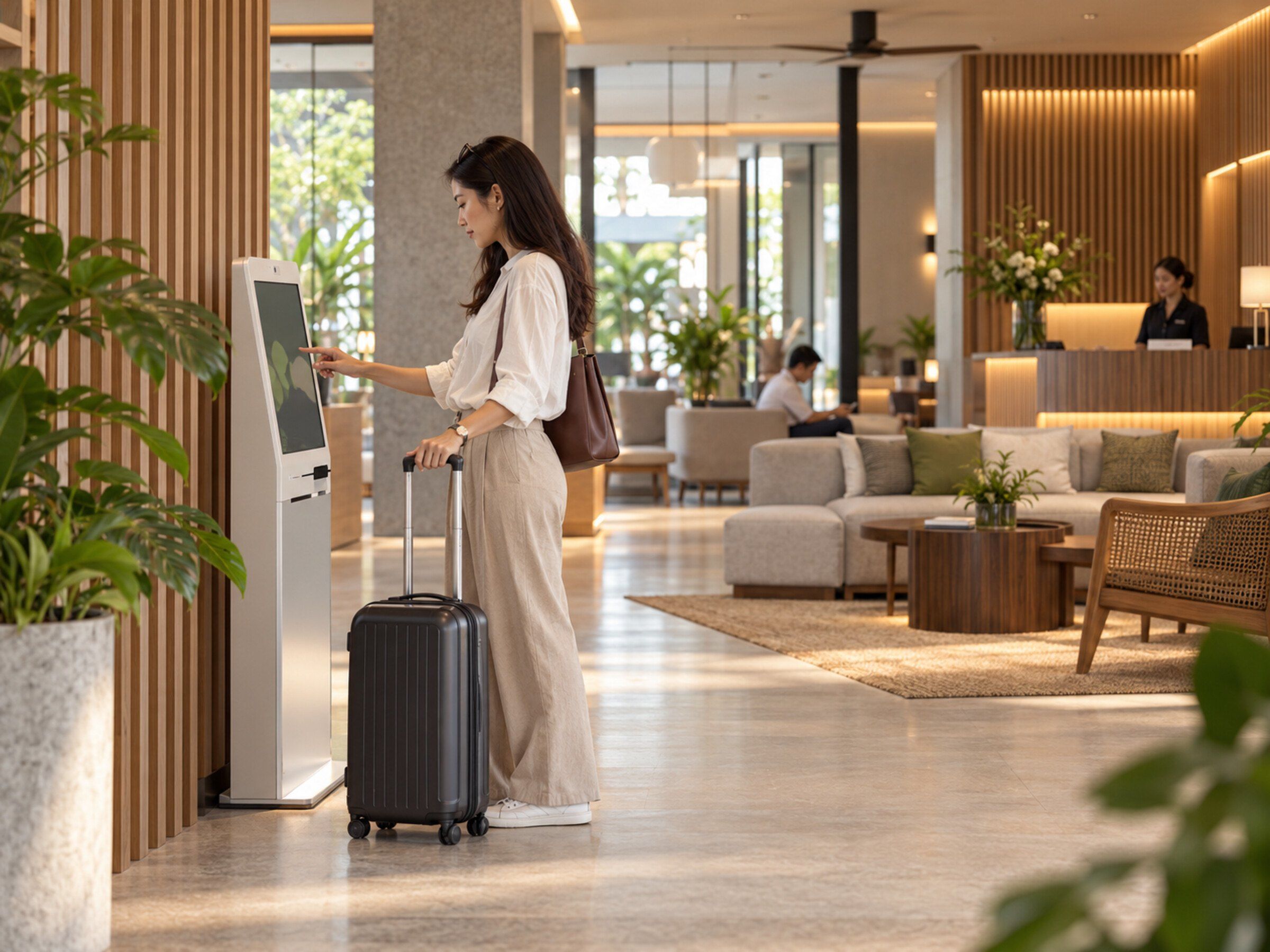Serviced-apartment lobby: a guest checks in at a slim self-service kiosk with a suitcase