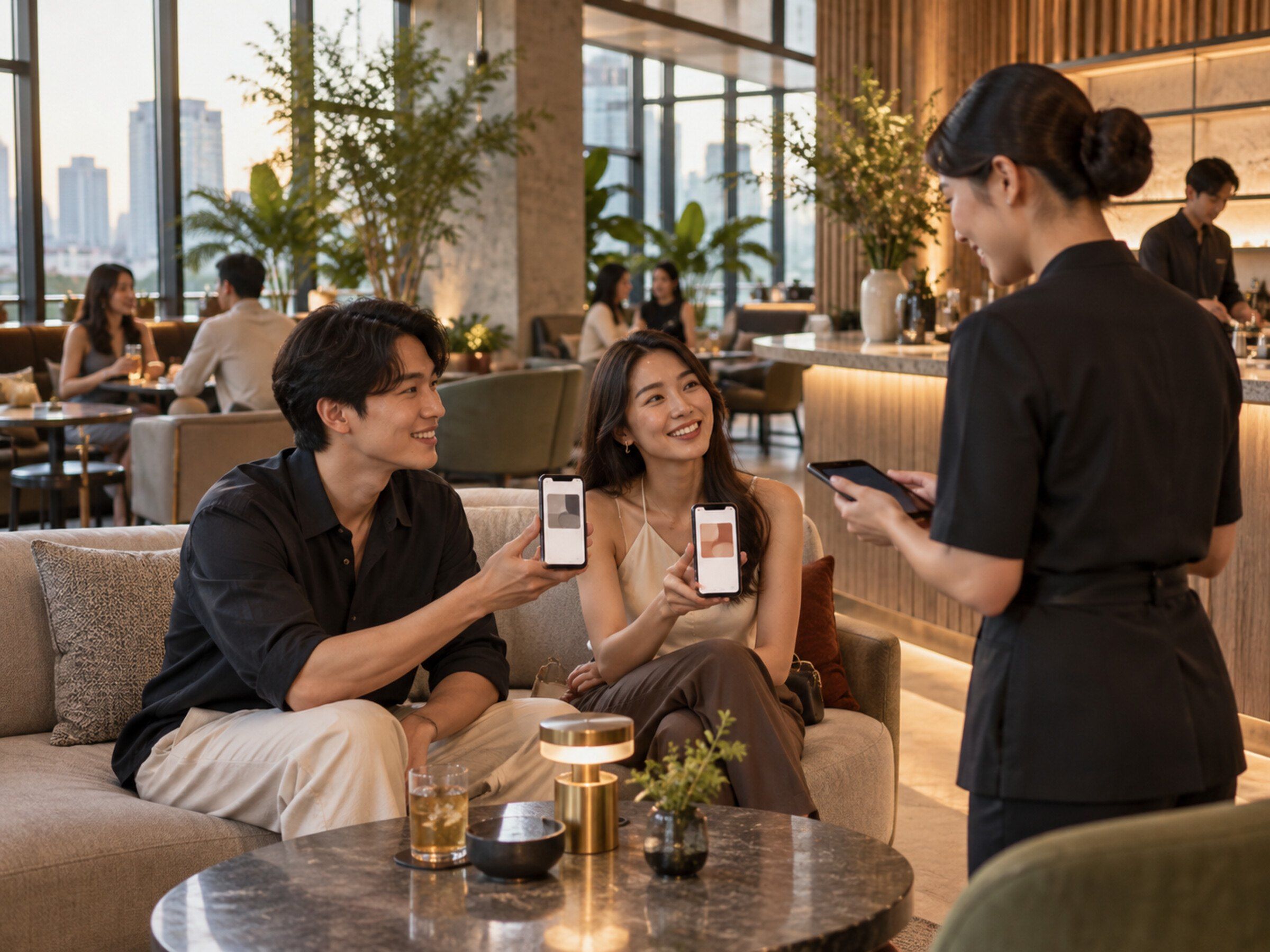 Members at a club lounge showing a digital member card on phones
