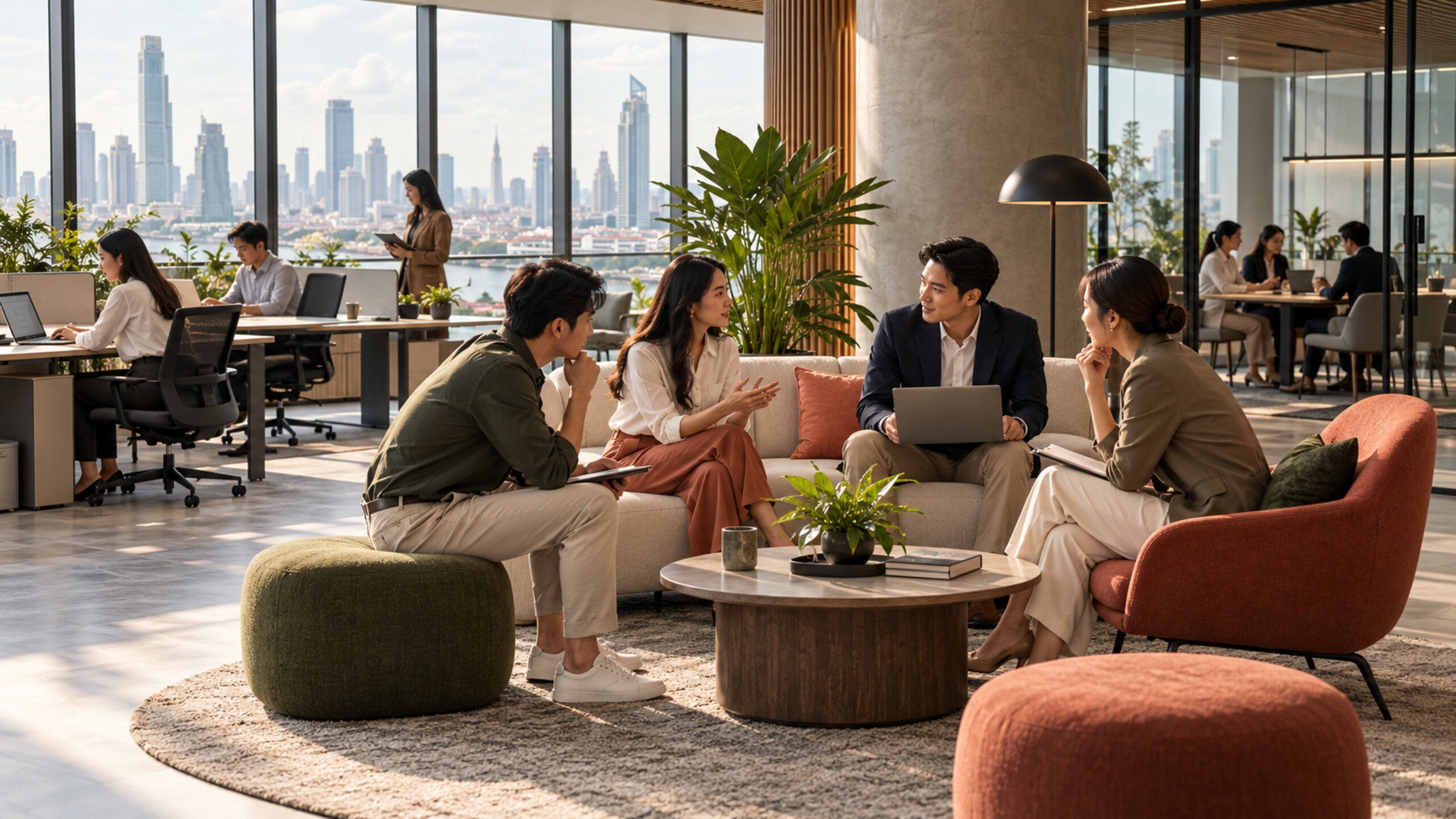 Grade-A office floor and co-working lounge, people working and meeting, city view