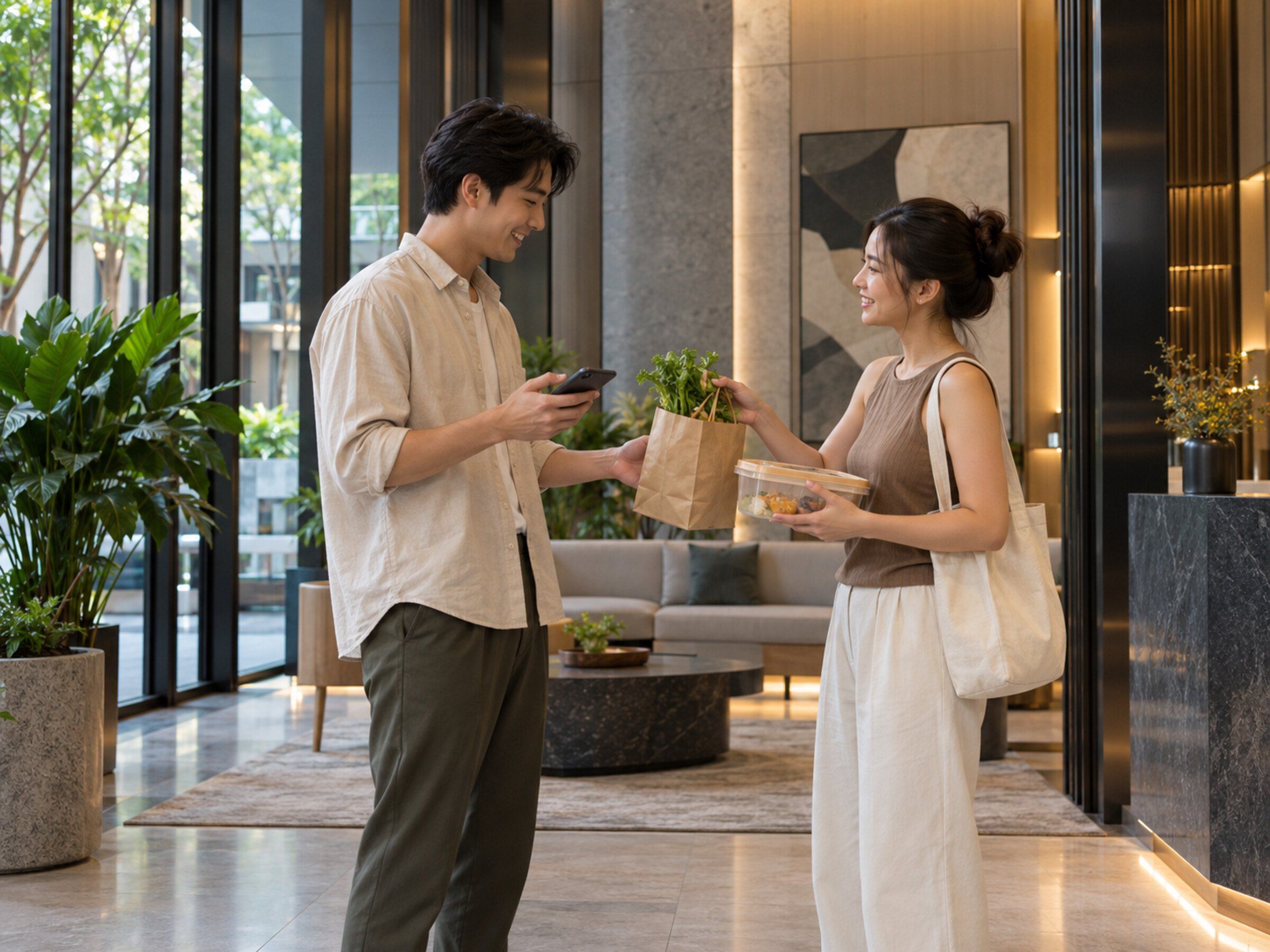 Condo residents exchanging goods in a lobby corner, one holding a phone