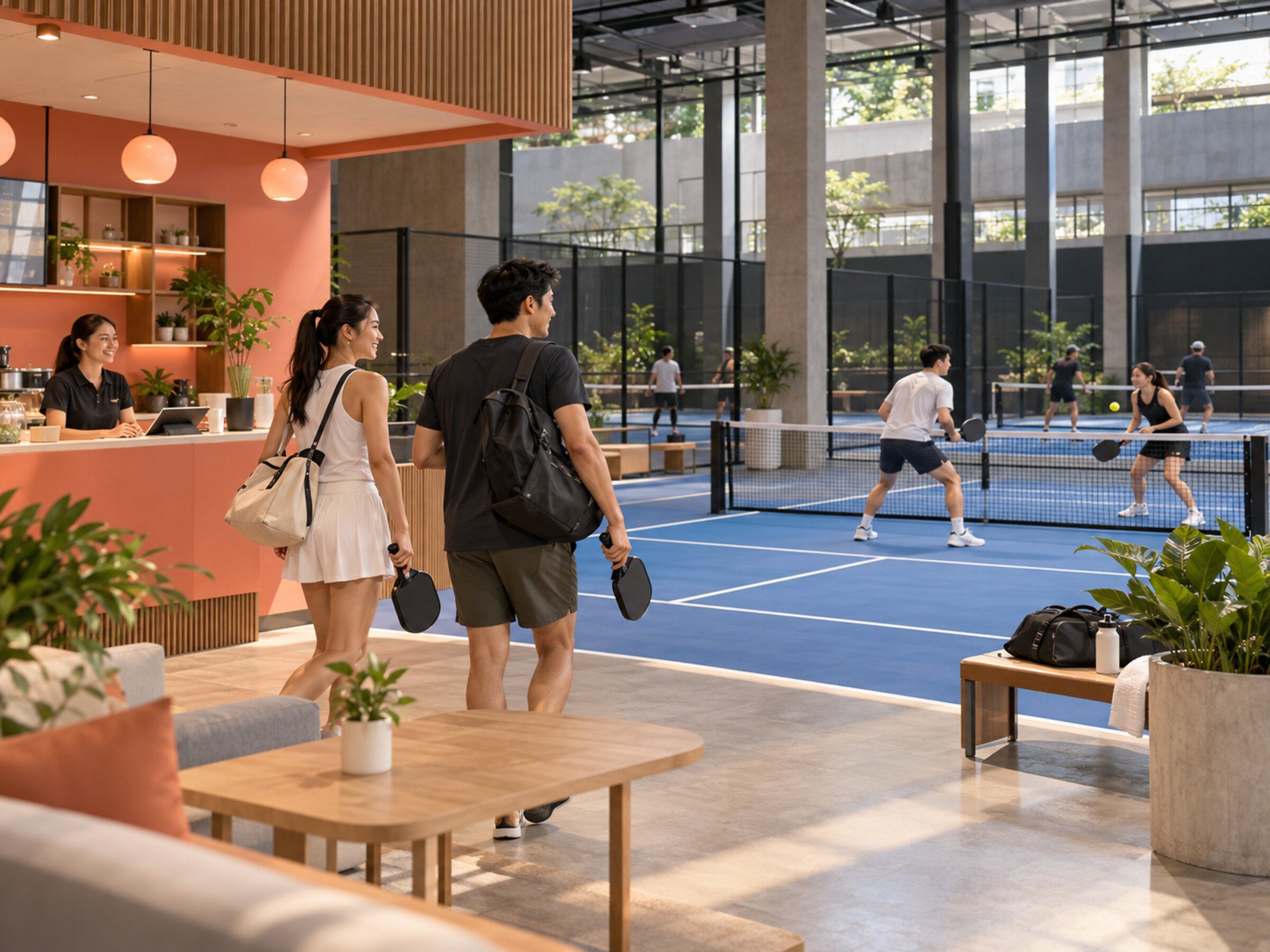 Indoor pickleball club: players booking and arriving
