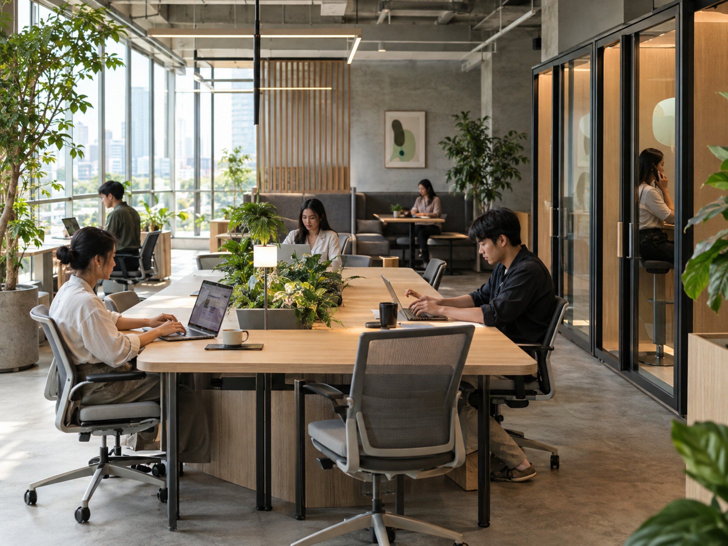Busy co-working space with members at shared desks and phone booths