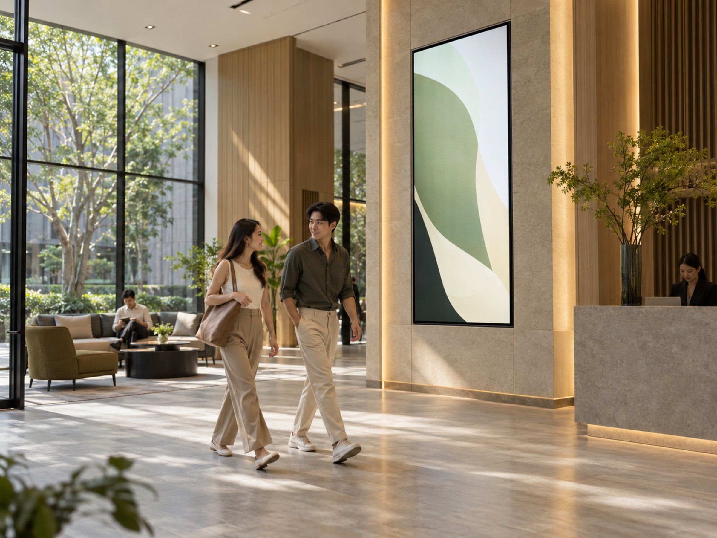 Building lobby with a large vertical digital signage screen showing abstract shapes
