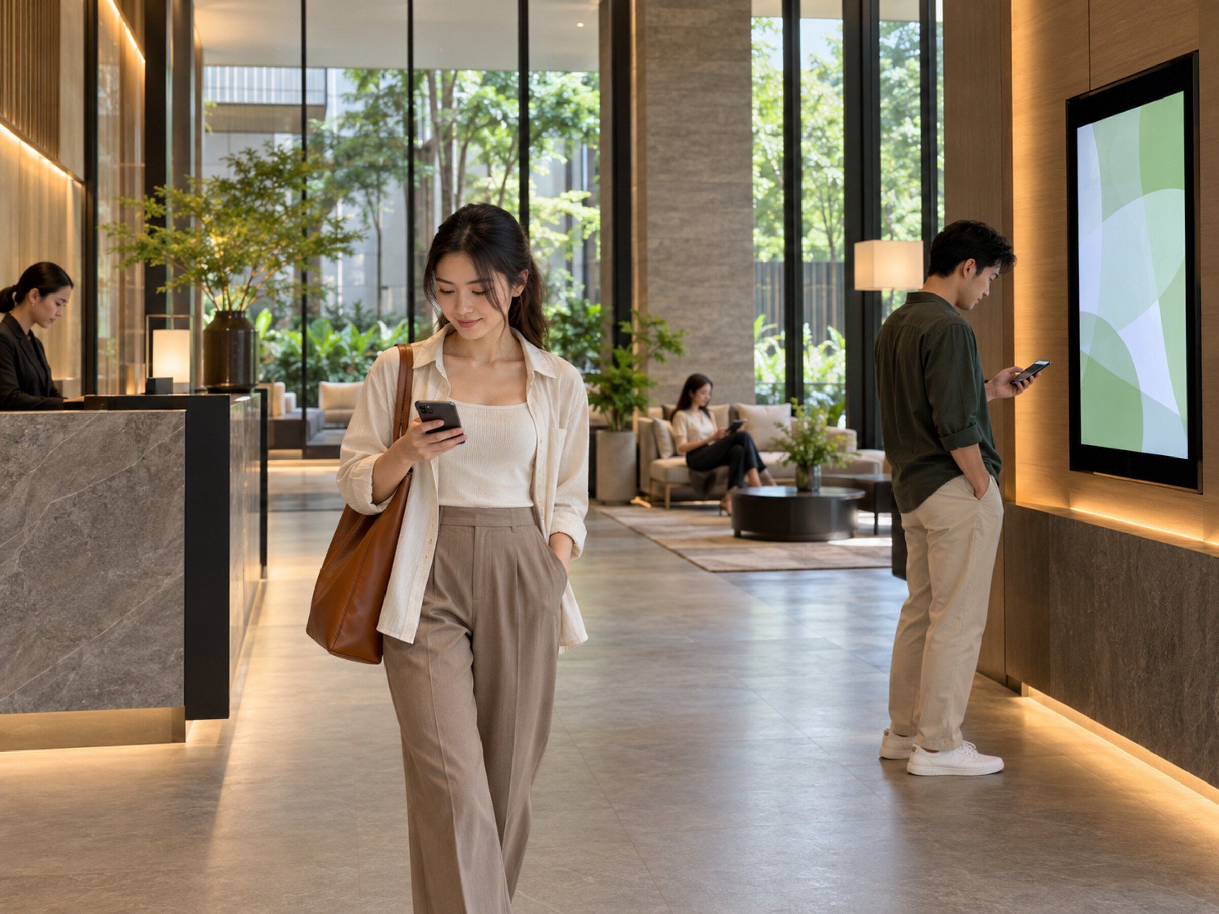 Condo common area: residents glance at phone notifications