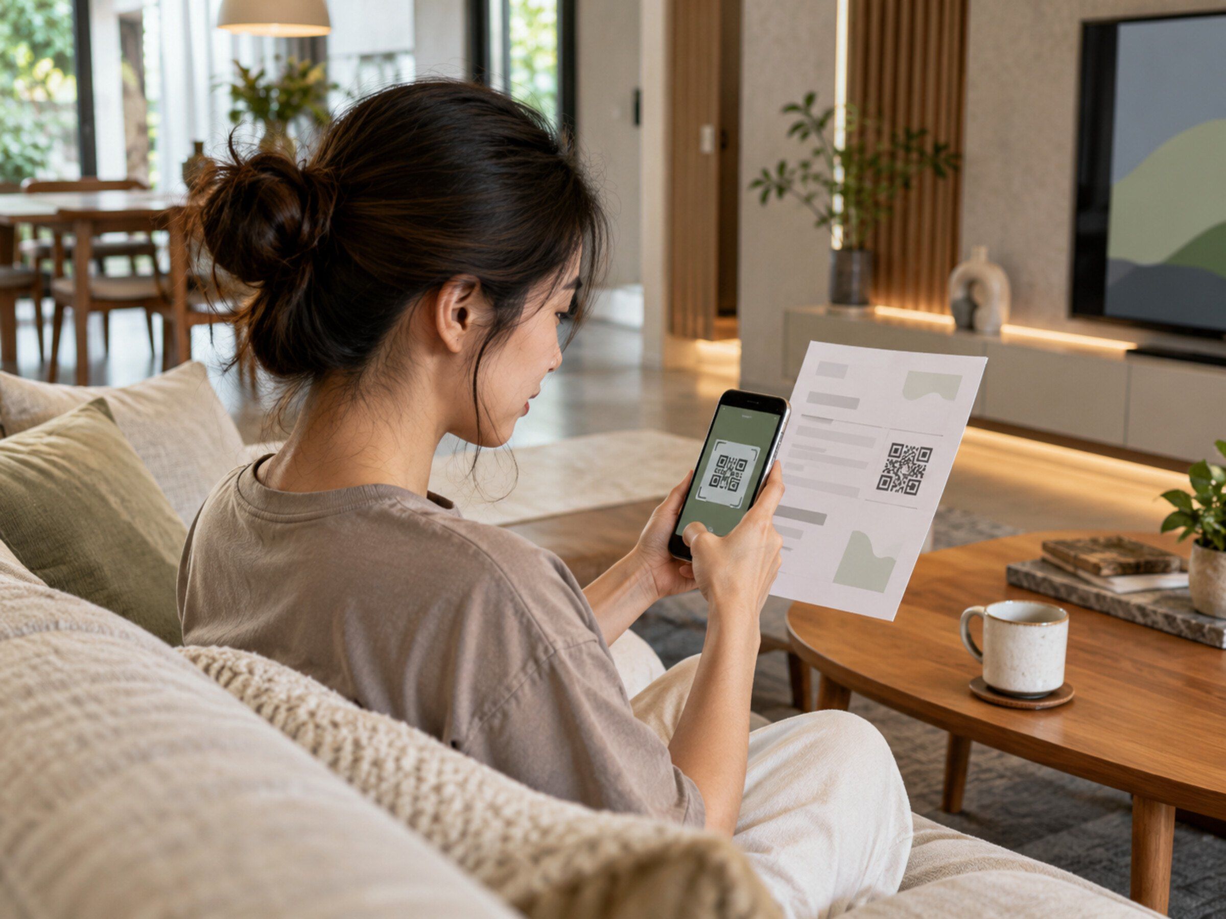 Resident paying a common-fee bill by QR on a phone at home