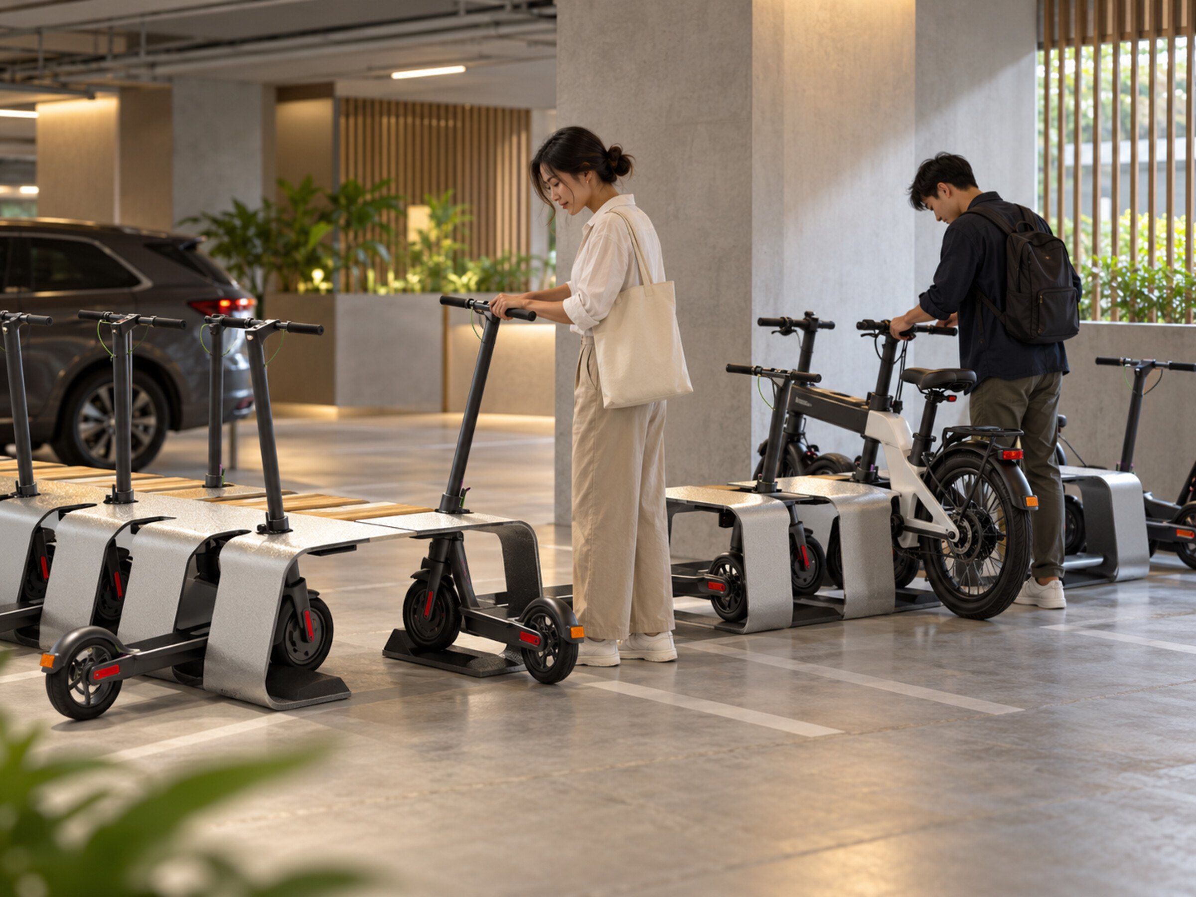 E-scooters and e-bikes docked and charging at a neat lockable charging rack in a condo car park