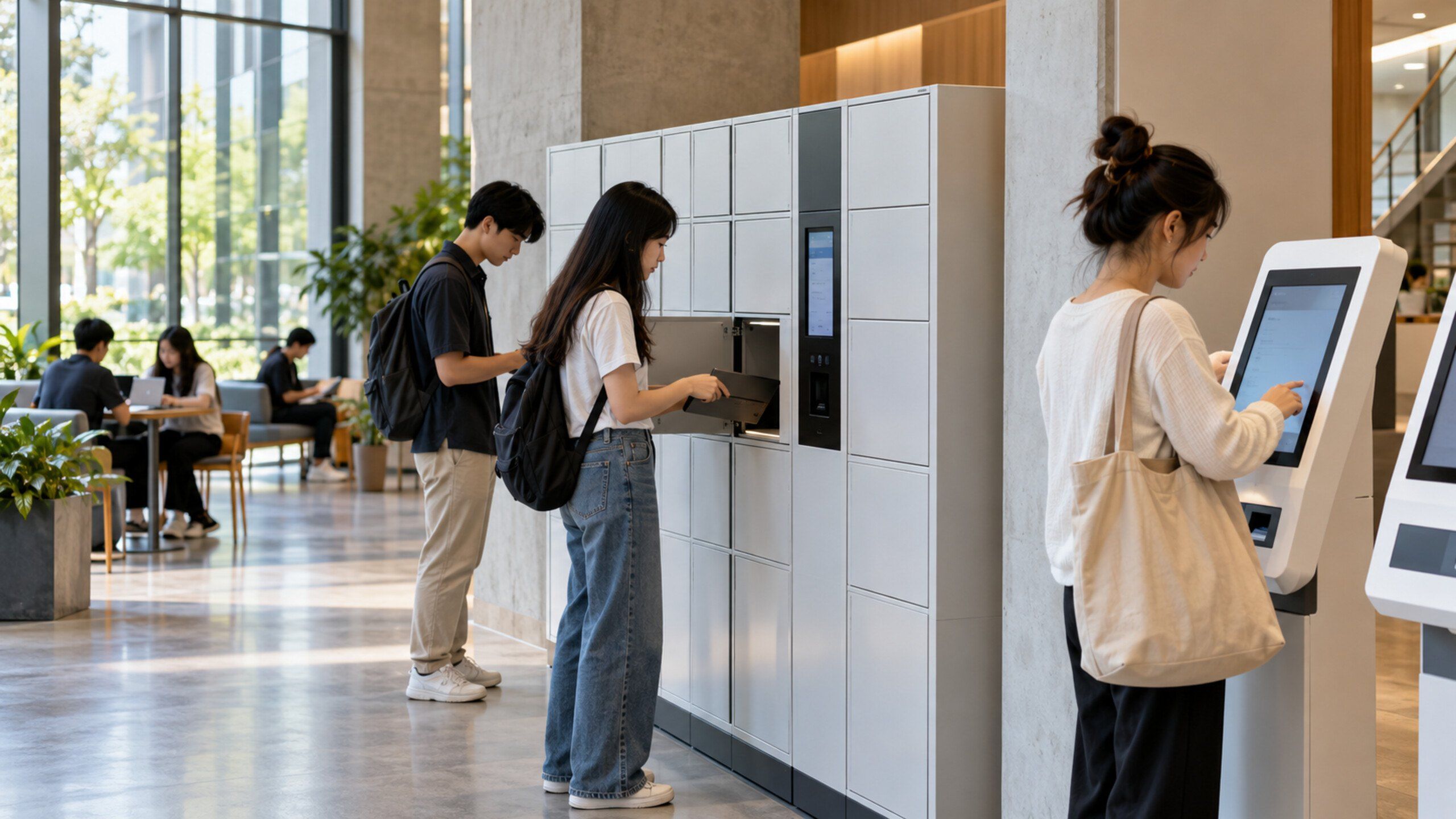 University campus building with students using lockers and kiosks