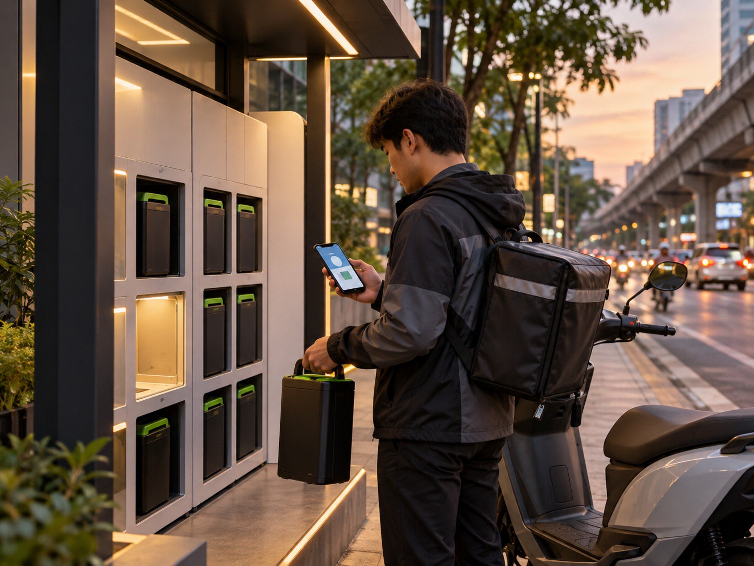 Rider at a battery swap point checks a phone app