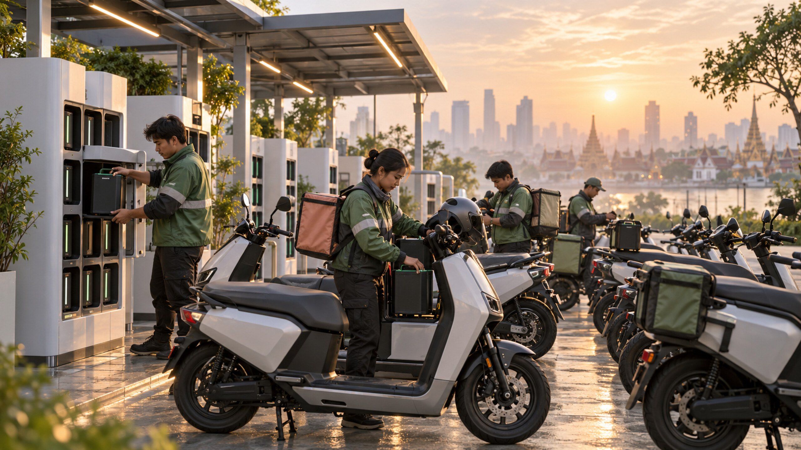 Electric motorcycle fleet depot with battery-swap stations and riders at dawn