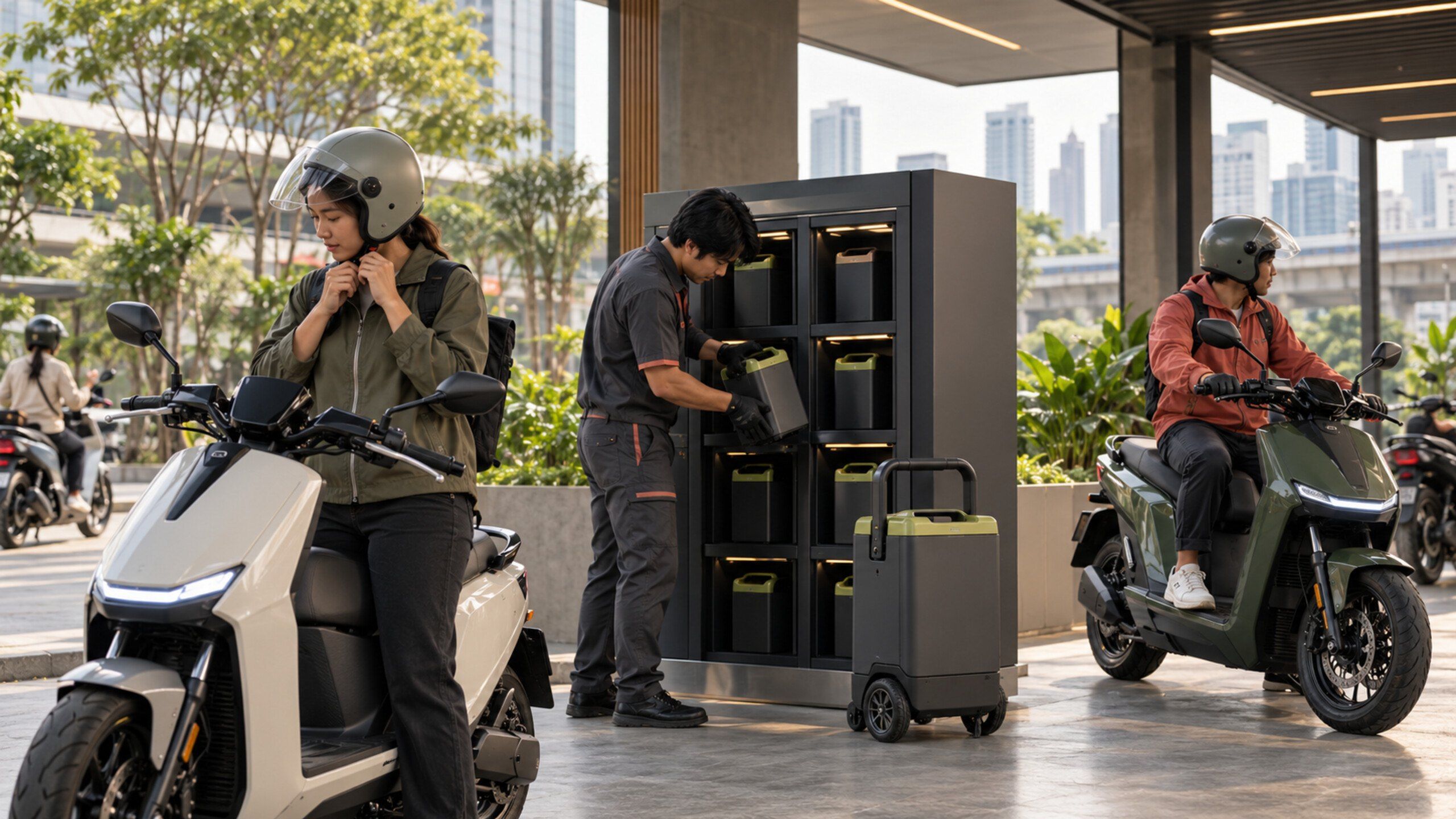 Clean-energy mobility scene: electric motorcycles, a battery-swap station and a portable power unit at a modern depot