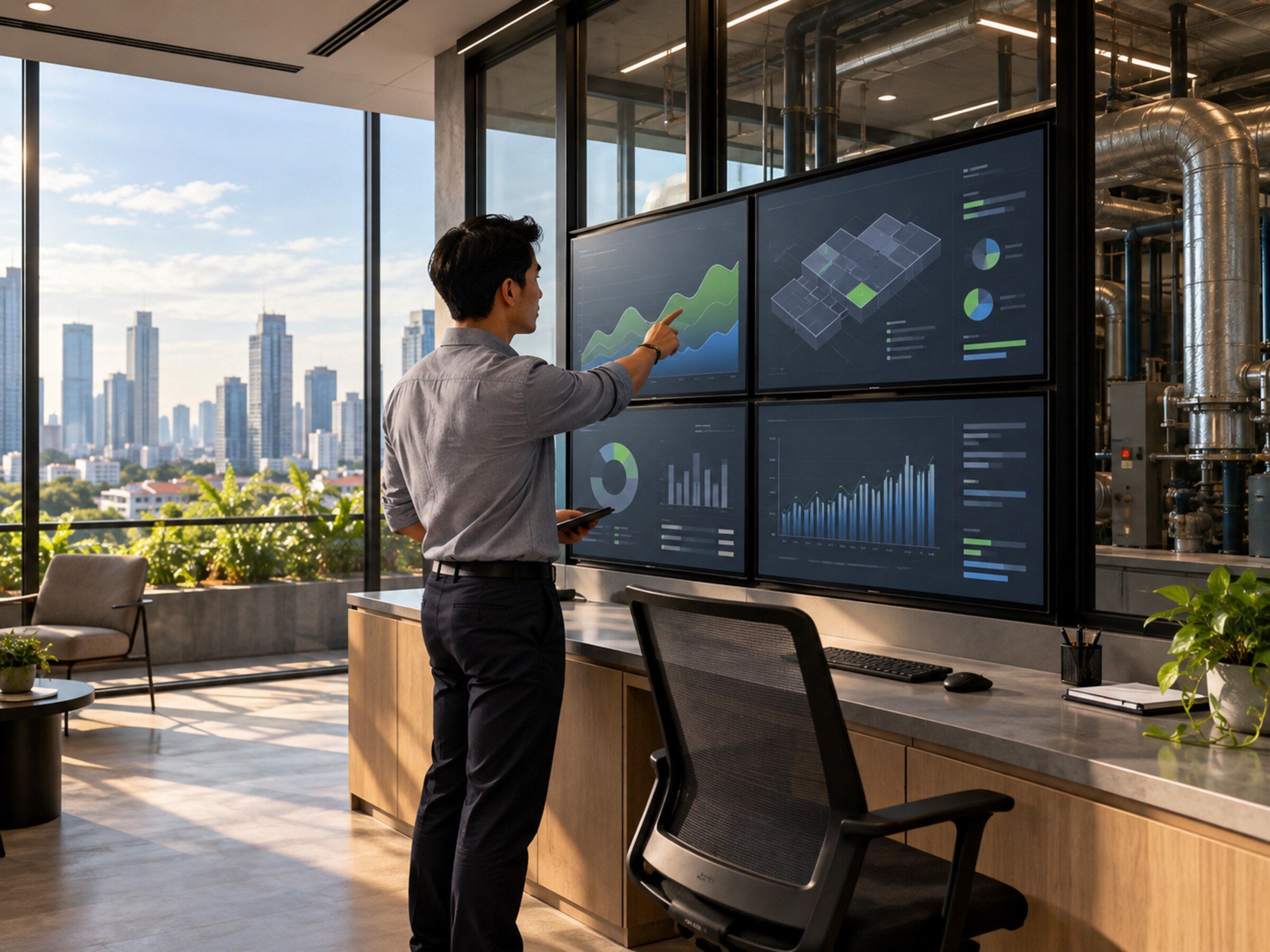 Building technical room / BMS screen showing energy charts with a facility manager