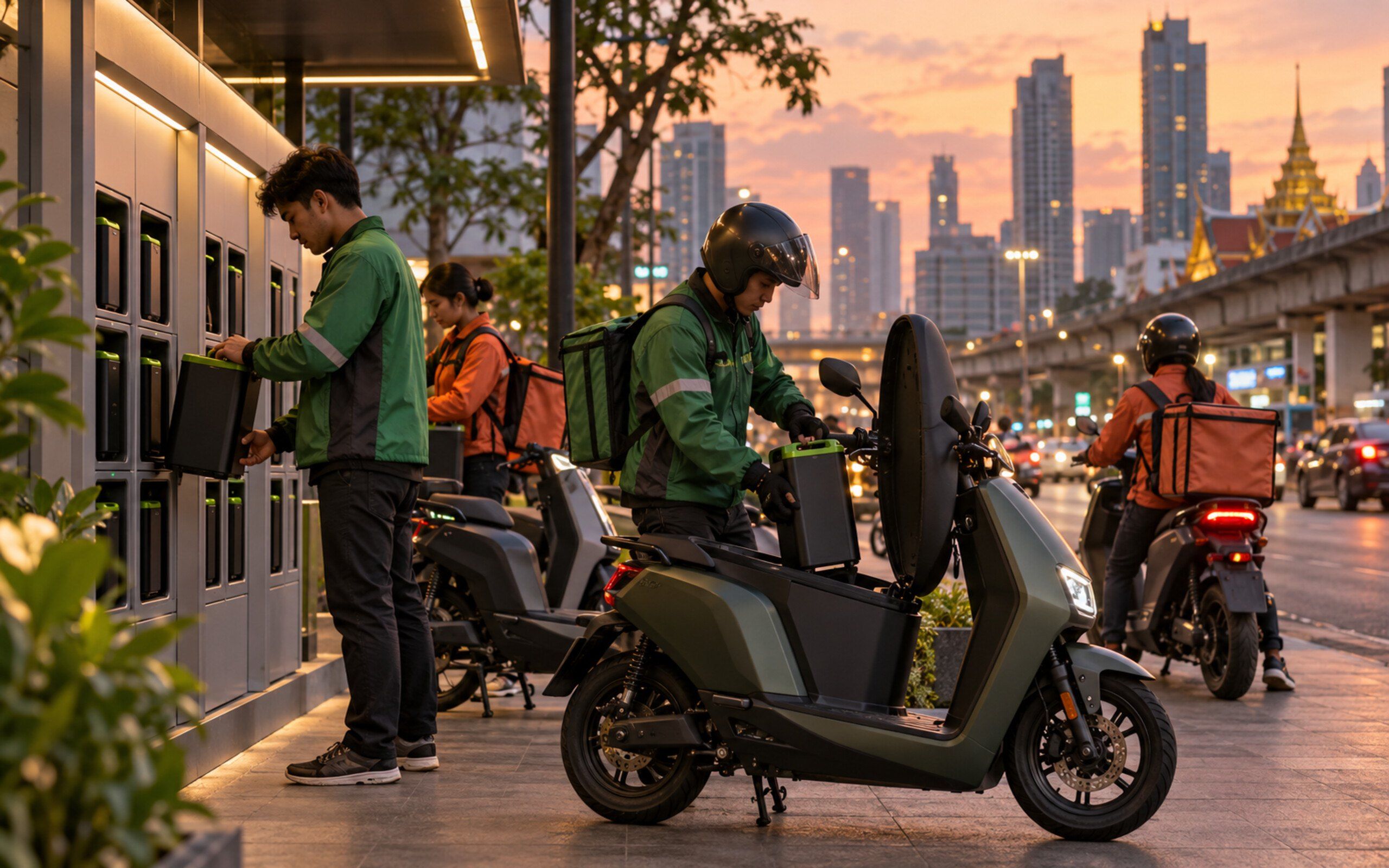 Electric motorcycle fleet at a battery-swap station on a city street at dusk