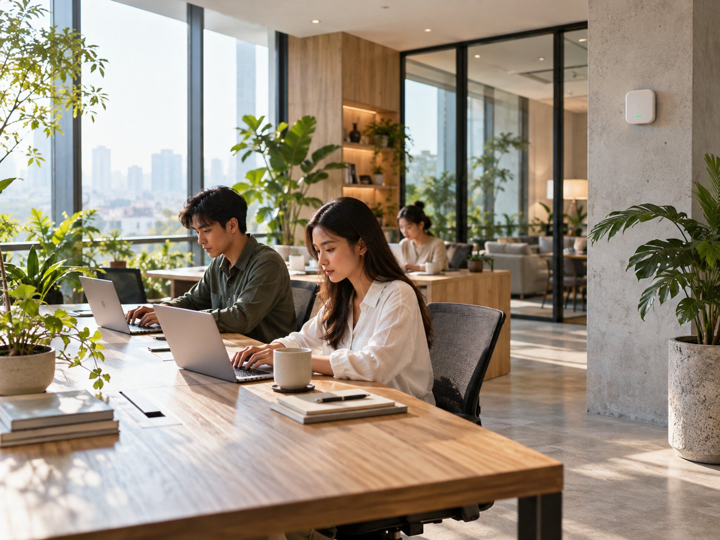 Office with a small wall air-quality sensor and plants