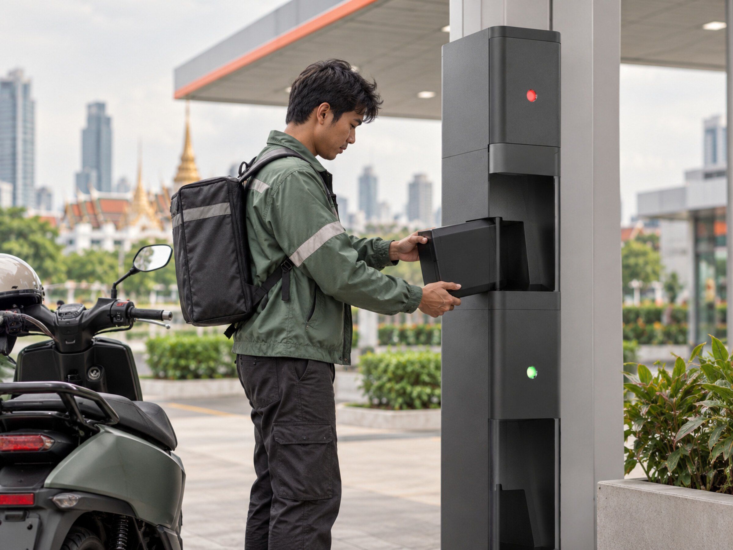 Delivery rider takes a charged battery from a row of battery-swap locker doors at a fuel-station corner