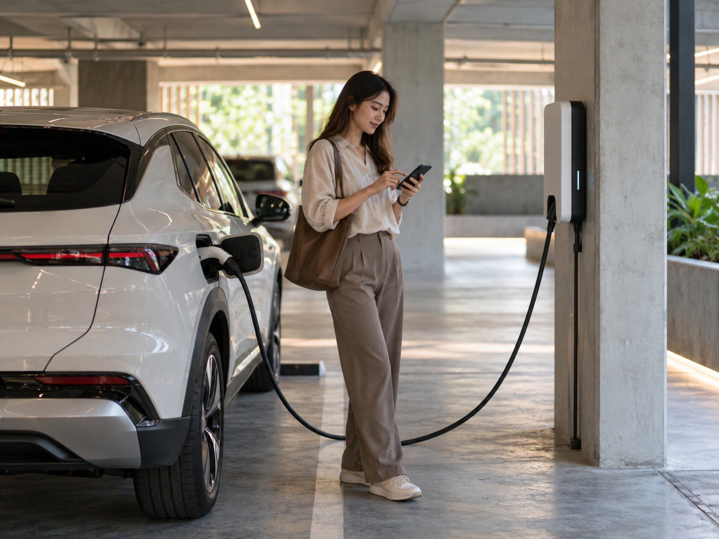 Condo car park: an EV charging at a wall charger while the owner checks a phone