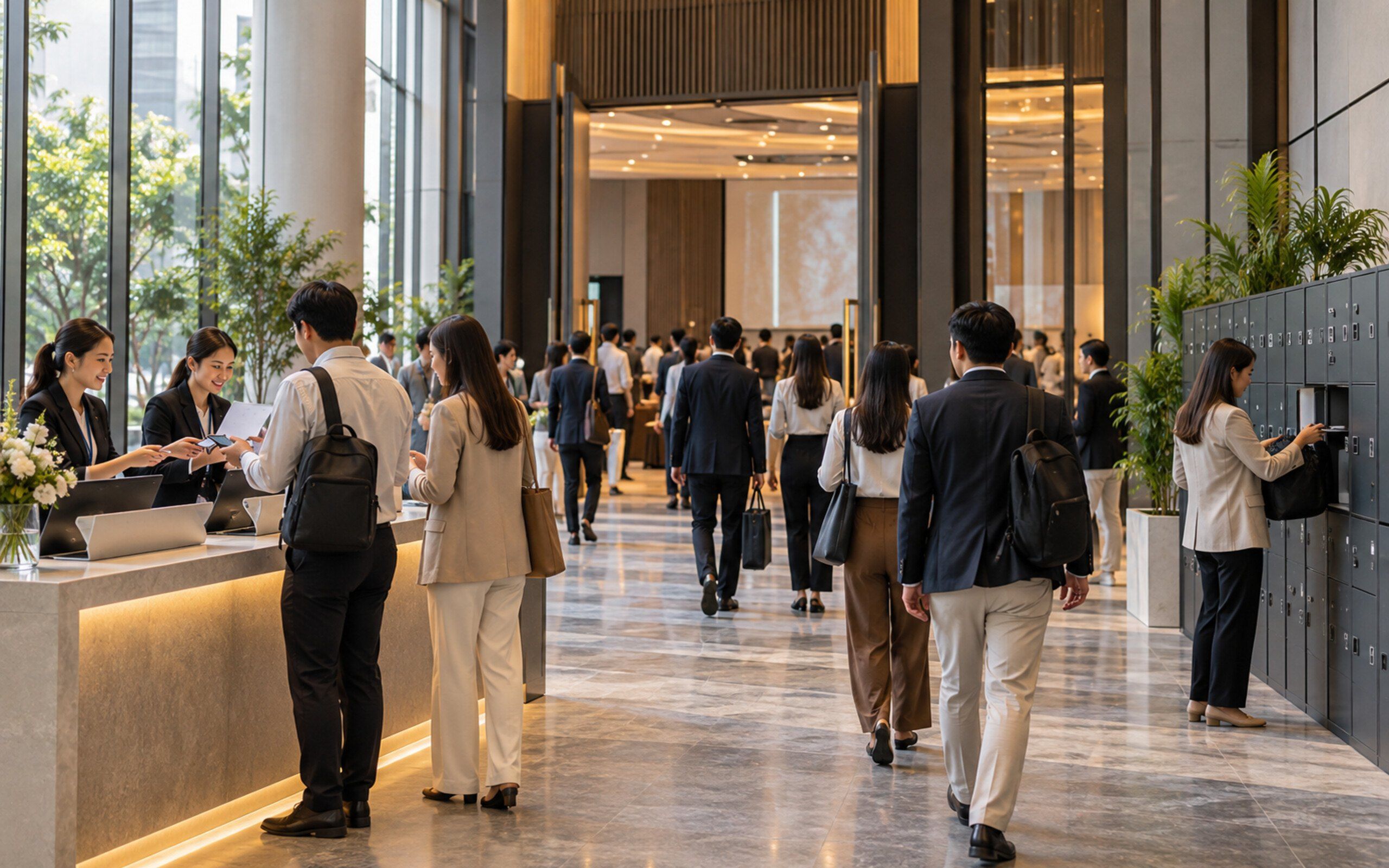 Event venue entrance with registration and lockers