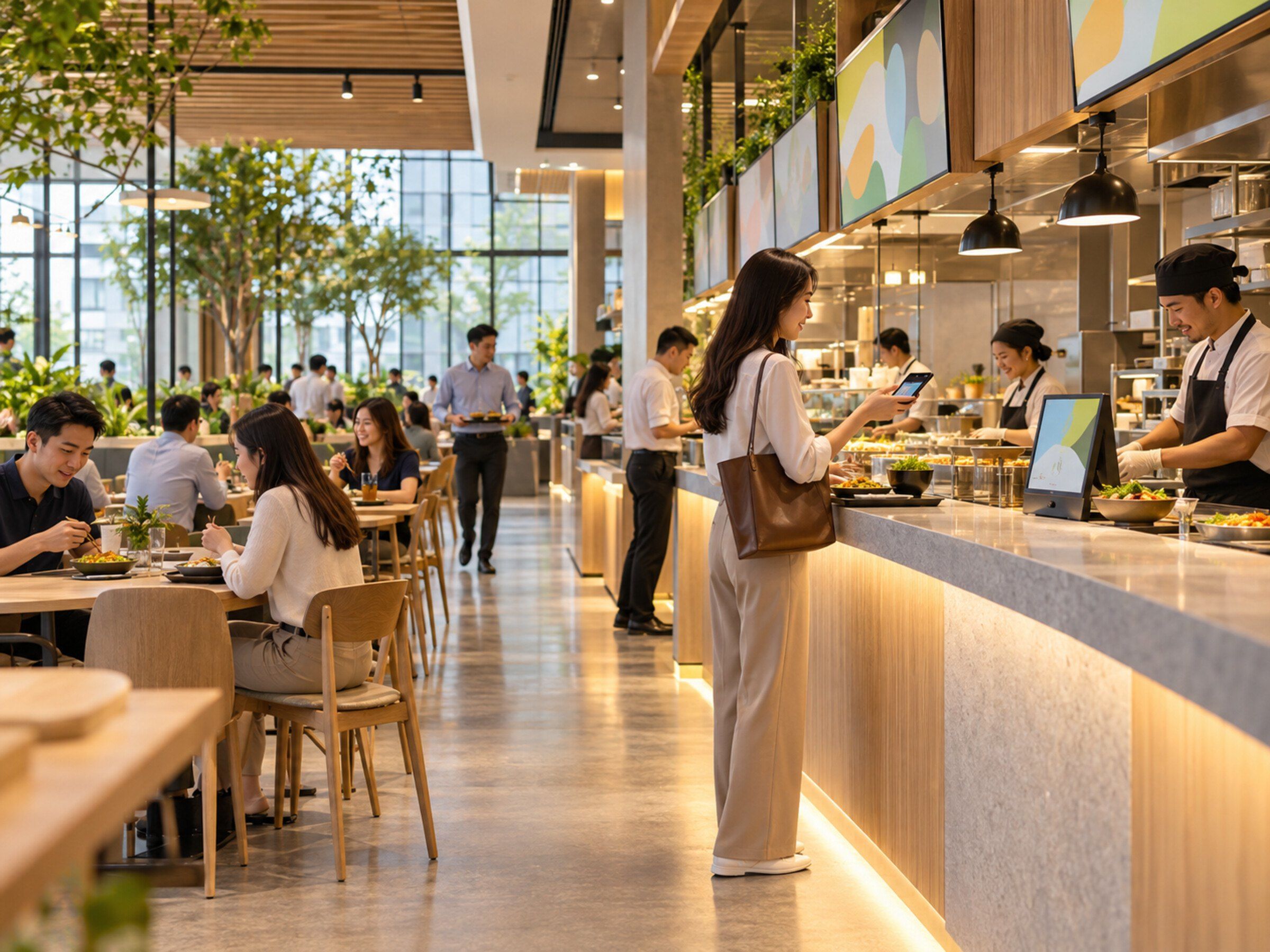 Office food court: people order and pay with phones, no queues