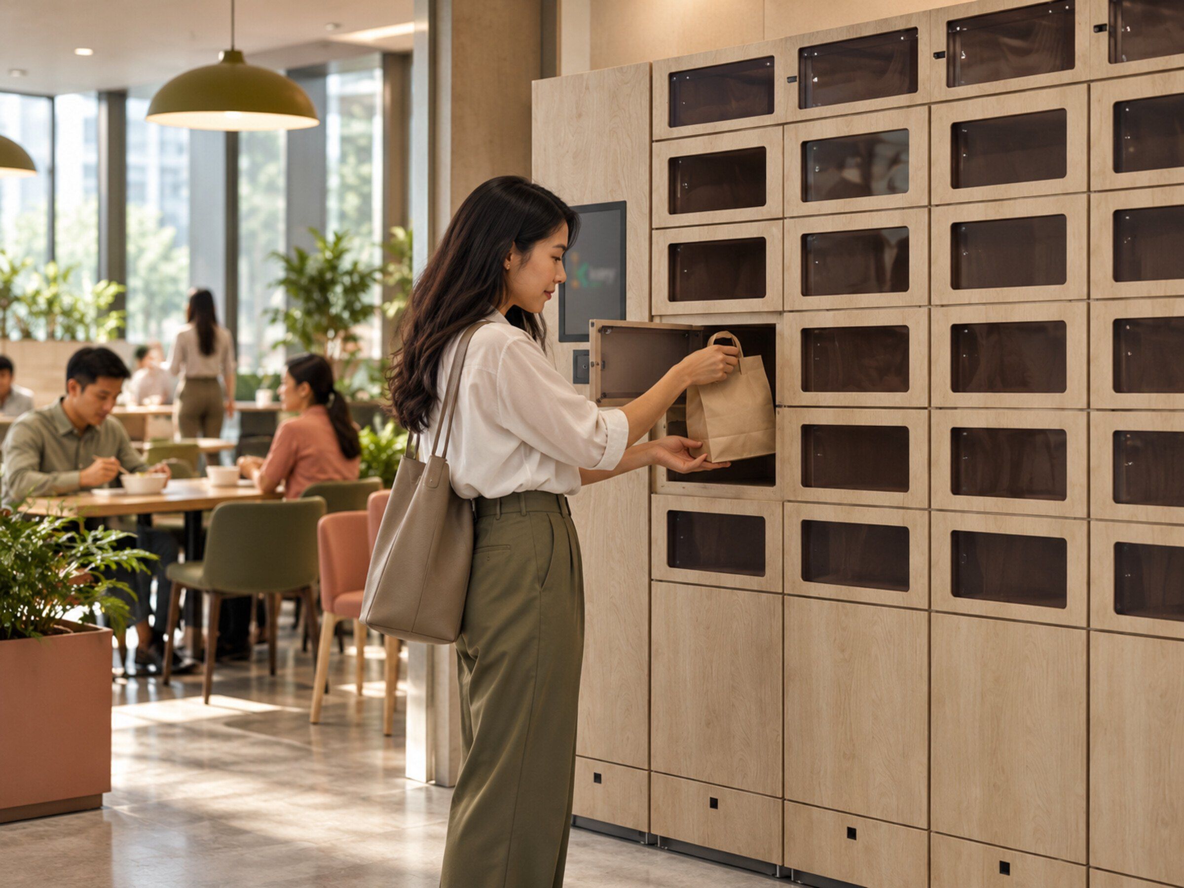 Office worker collects a food order from a smart food pick-up locker wall in a lobby café area at lunchtime