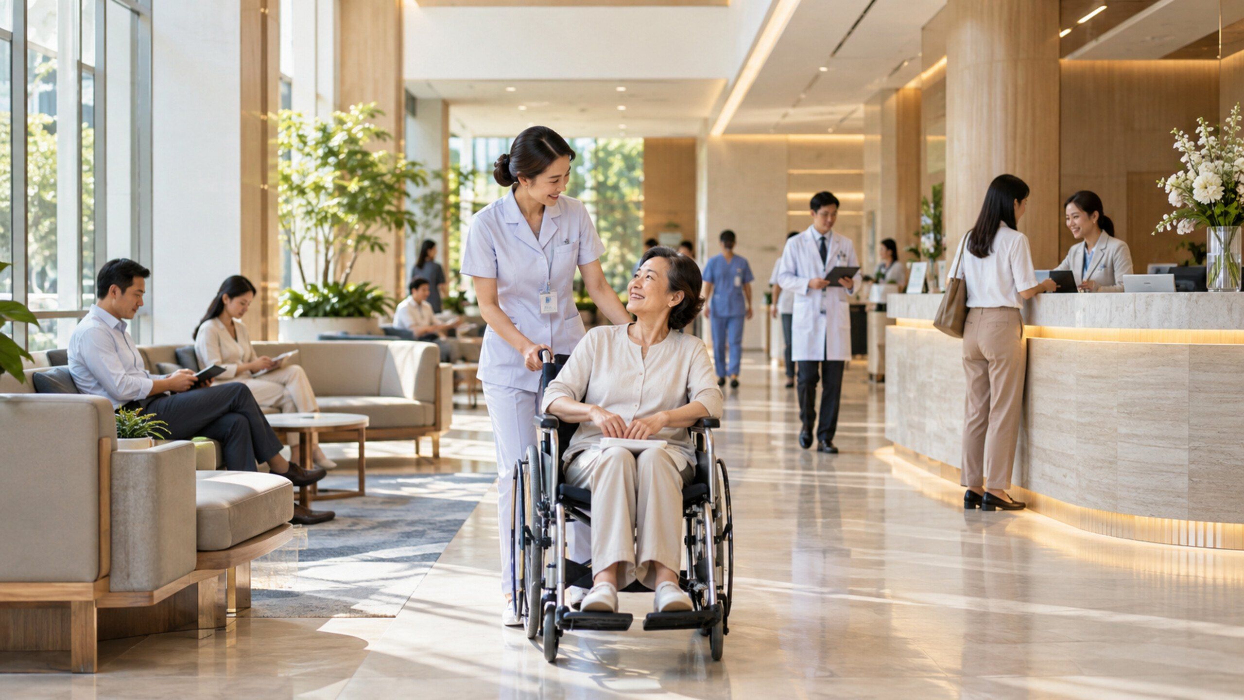 Bright hospital lobby with patients and staff