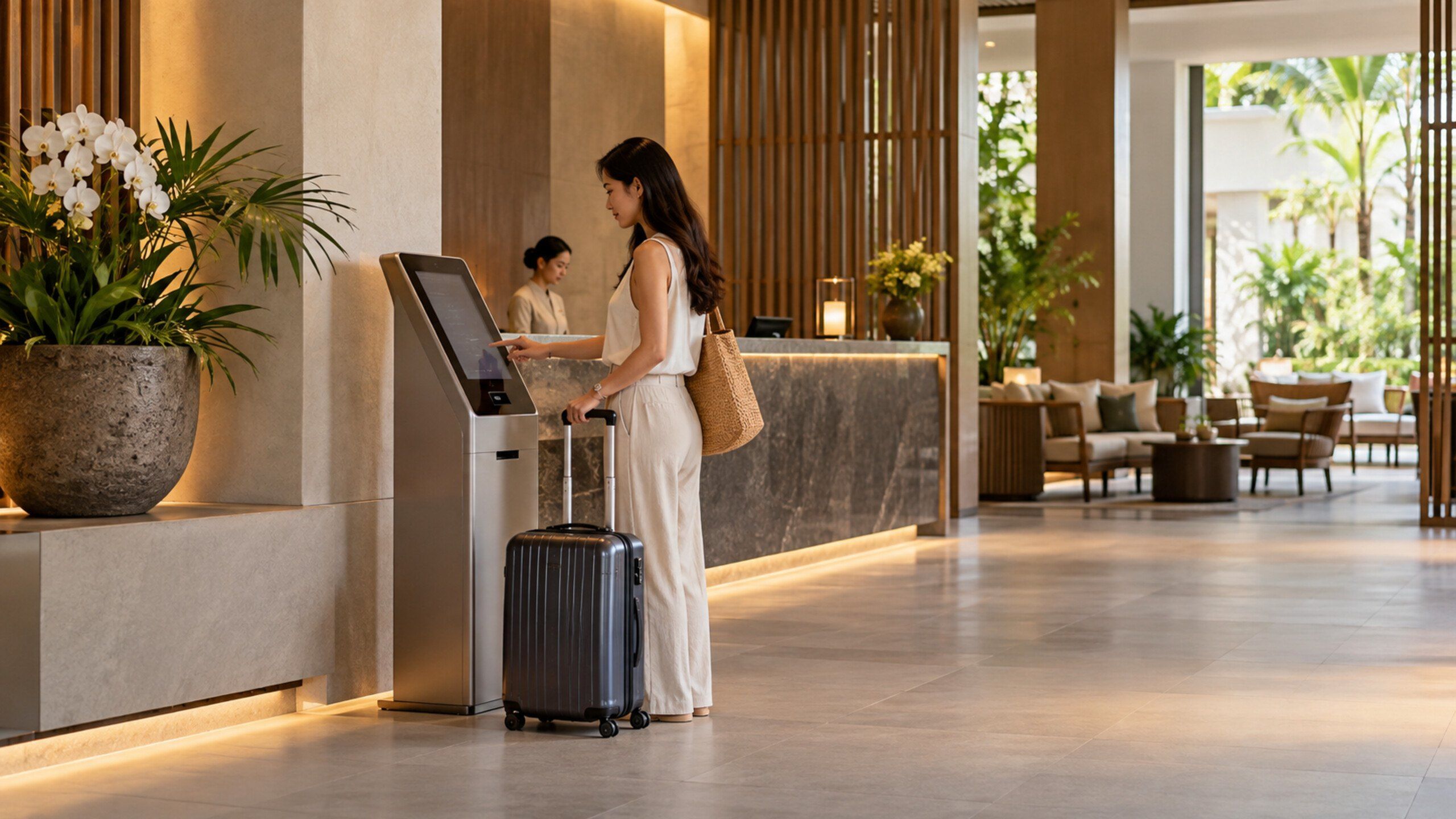 Boutique hotel lobby with self check-in and luggage area