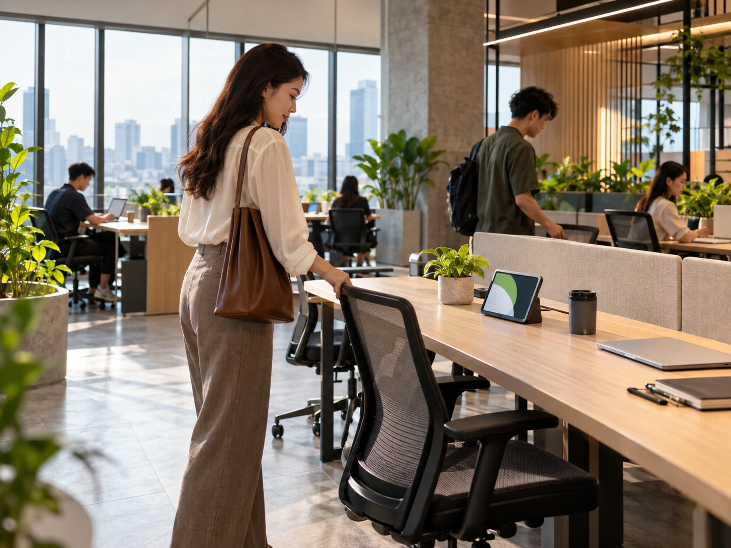 Hot-desk area with a small booking screen on a desk