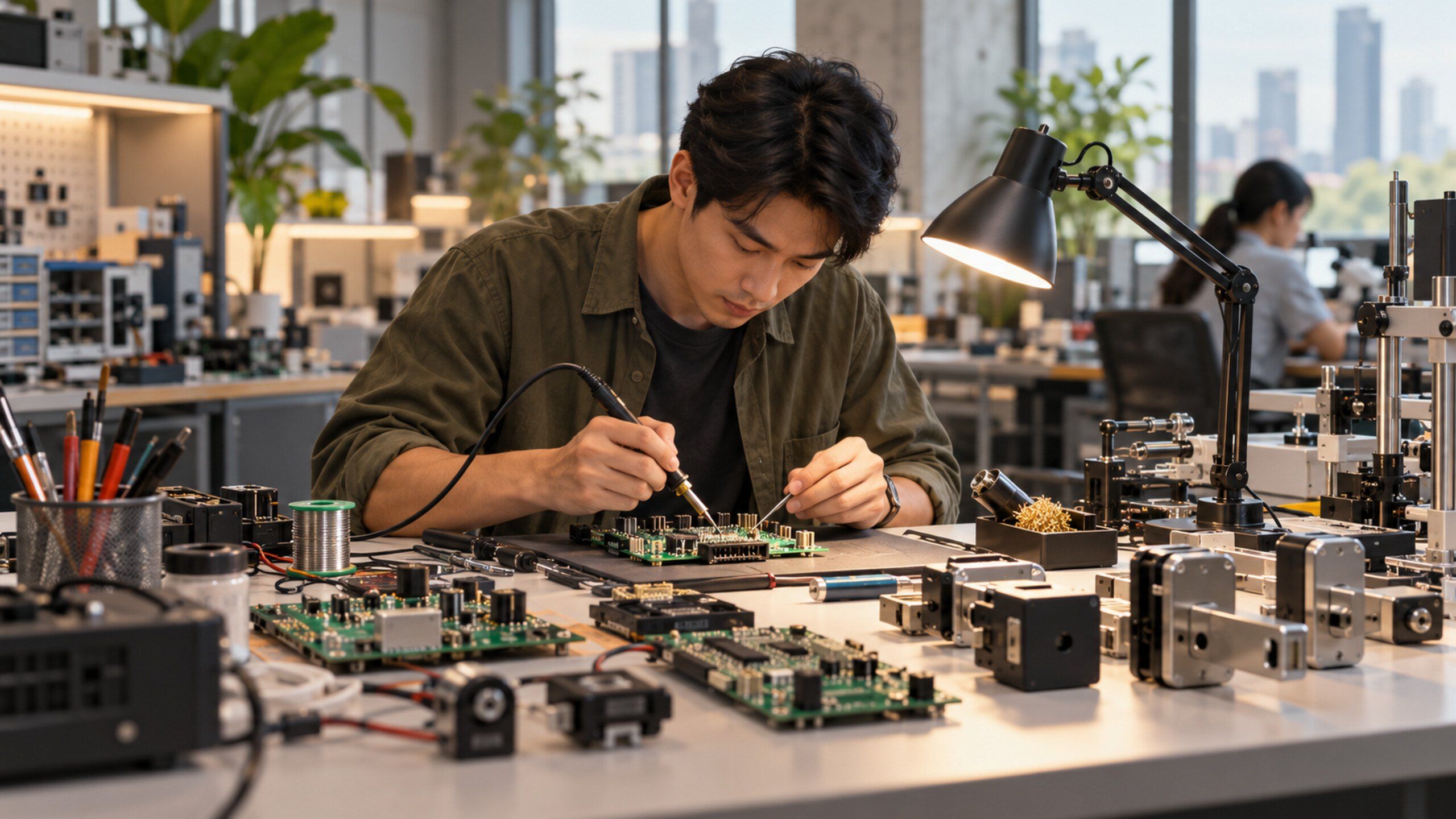 Electronics lab: controller boards, lock modules and sensors on a bench