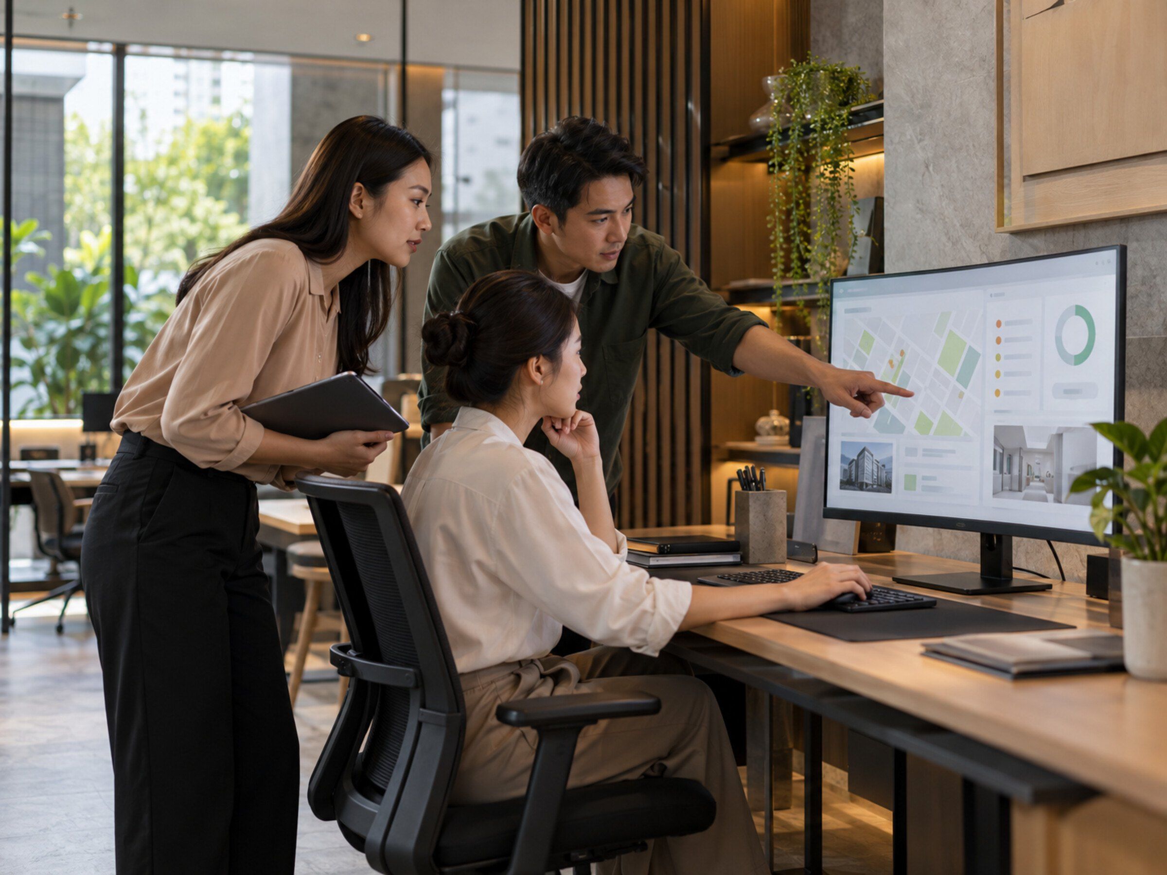 Building management office: staff reviewing a dashboard of parcels and repair requests