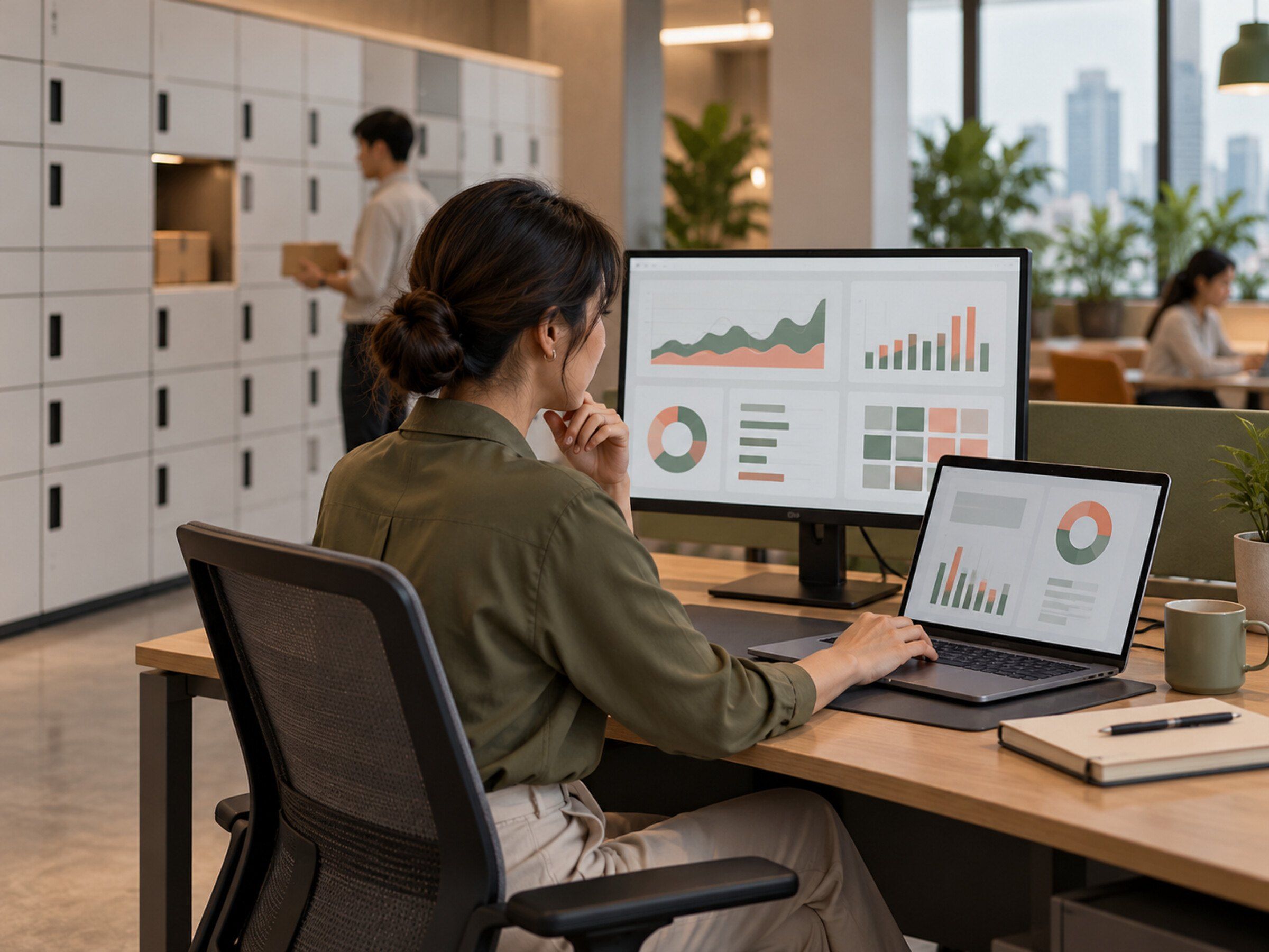 Facility manager reviews locker status and usage charts on a laptop and monitor in a calm office